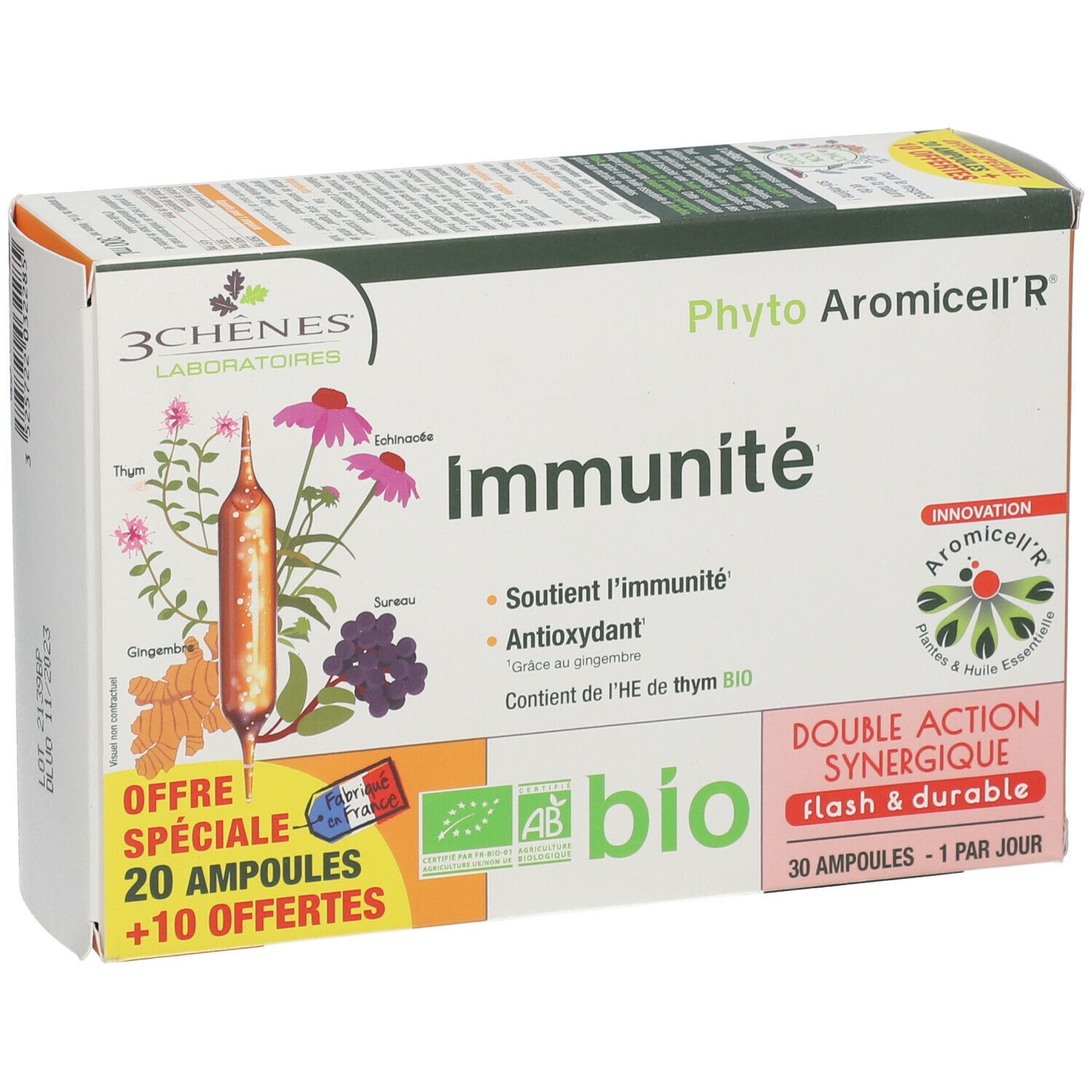 Boîte de produit avec logo et nom. Contient 30 ampoules. Certification bio. Offre spéciale avec ampoules supplémentaires.