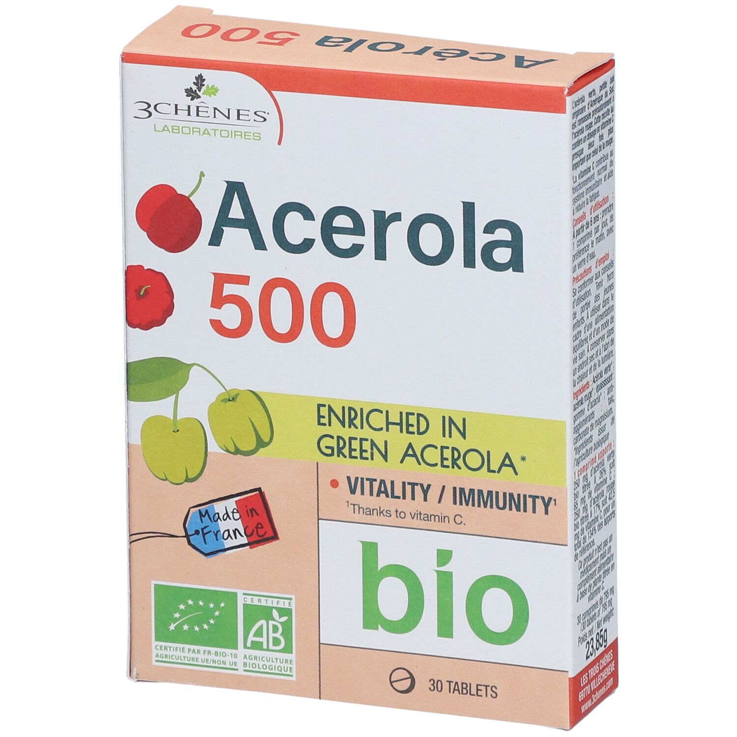Boîte de compléments Acerola 500 Bio. Inscriptions: 3 Chênes, Acerola, label bio, 30 comprimés, Fabriqué en France.