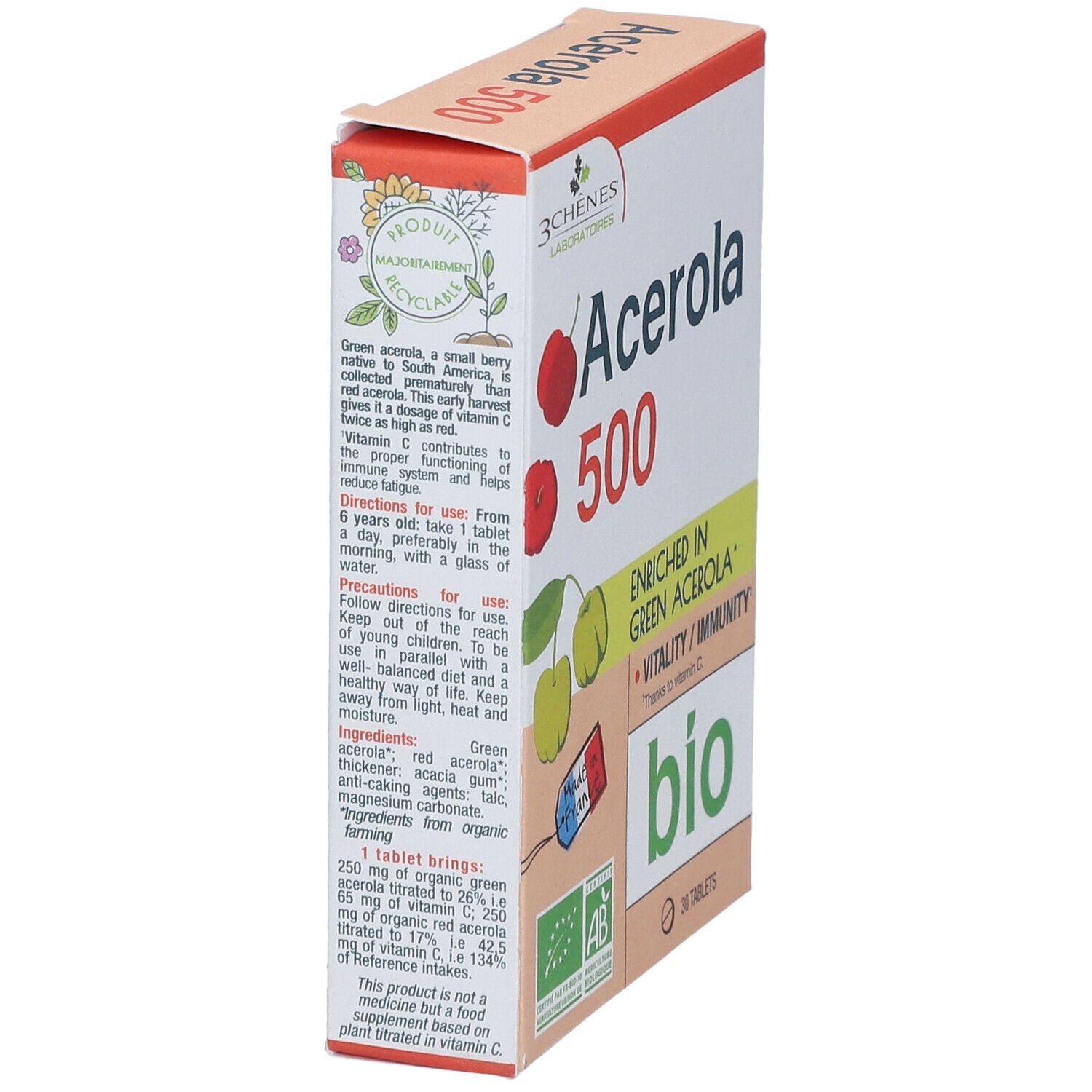 Boîte Acerola 500 Bio. Inscriptions: 3 Chênes, Acerola, label bio, 30 comprimés, Fabriqué en France. Vue latérale.