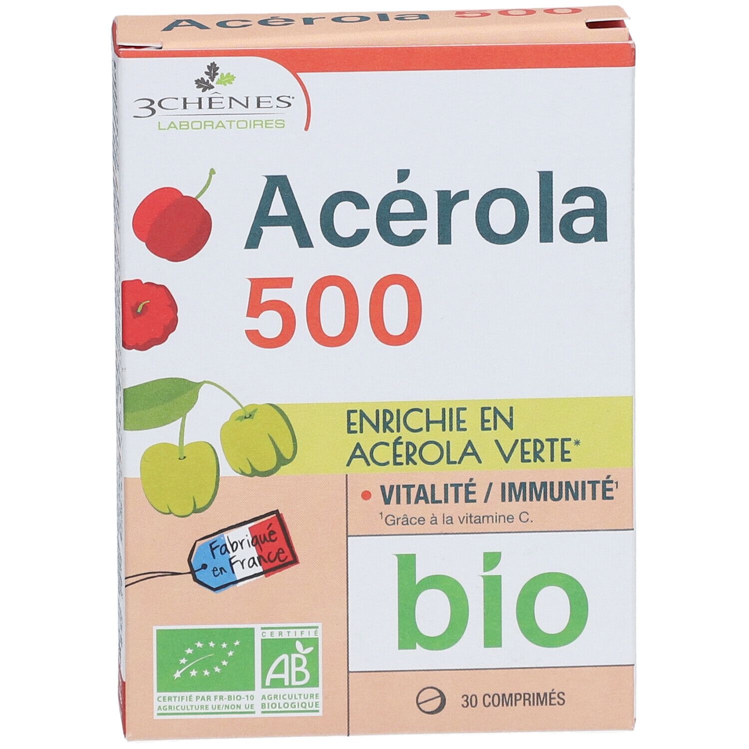 Boîte de compléments Acerola 500 Bio. Inscriptions: 3 Chênes, Acerola, label bio, 30 comprimés, Fabriqué en France.