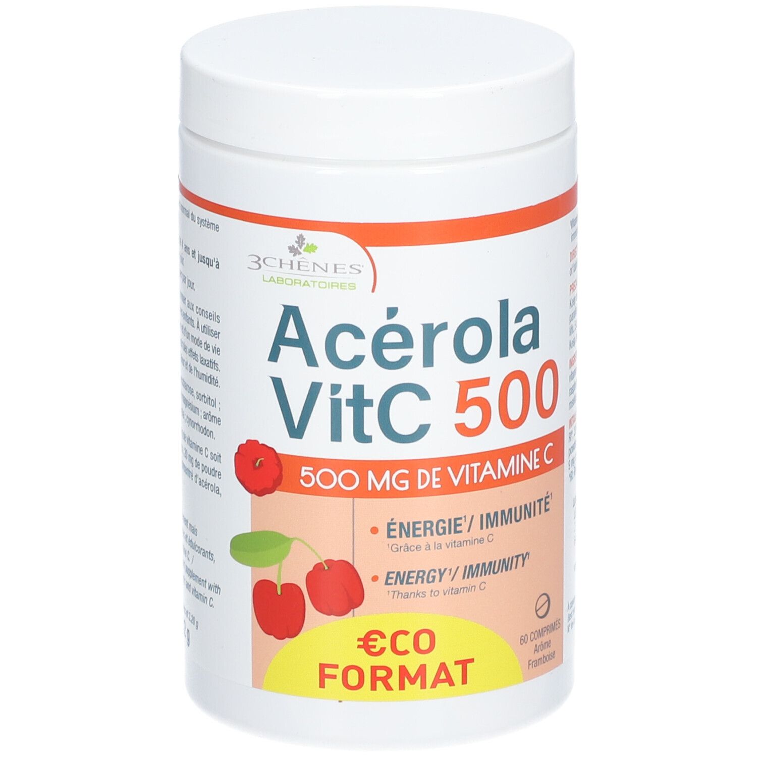 Boîte blanche de comprimés avec texte orange et rouge. Inscription: Acerola VitC 500, 500 mg de vitamine C. Avec illustrations.