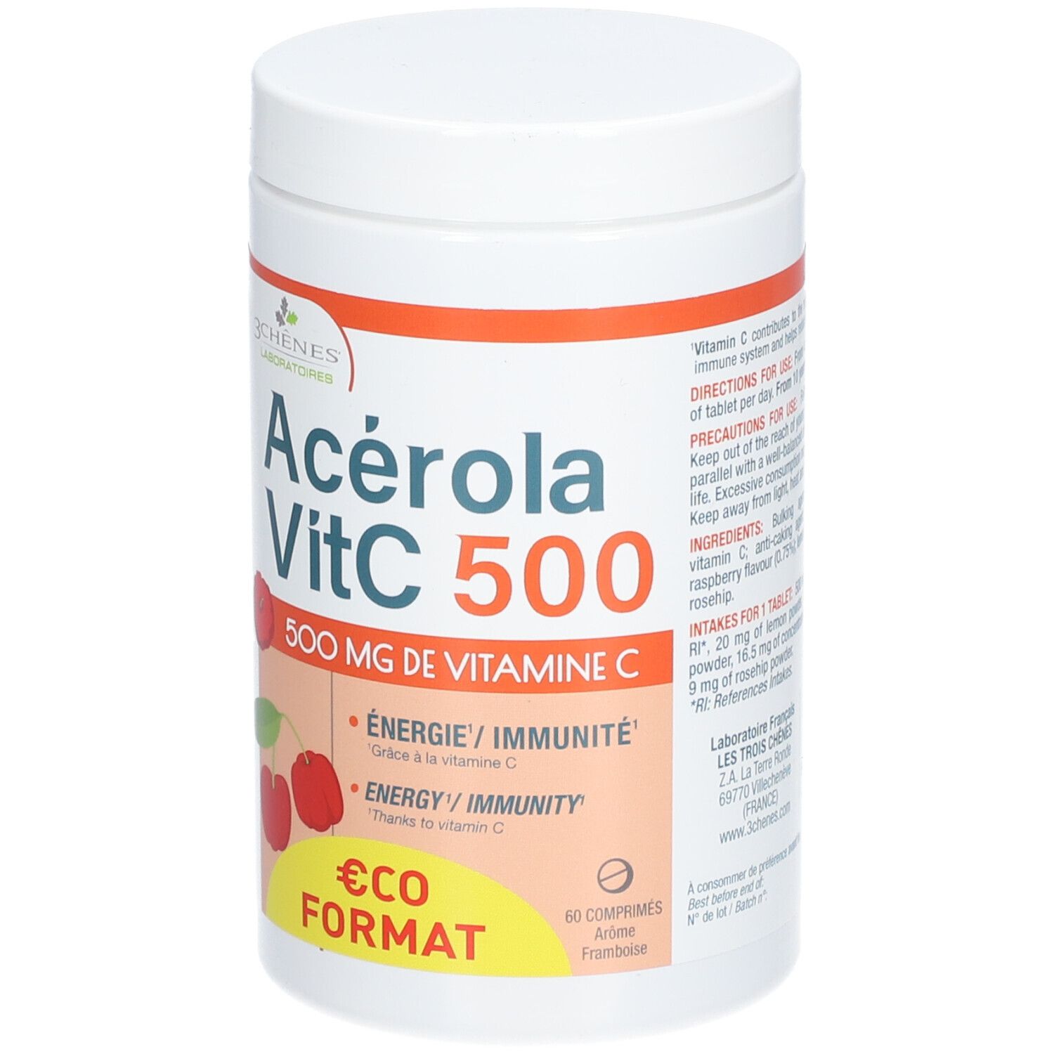Boîte blanche de comprimés avec texte orange et rouge. Inscription: Acerola VitC 500, 500 mg de vitamine C. Avec illustrations.