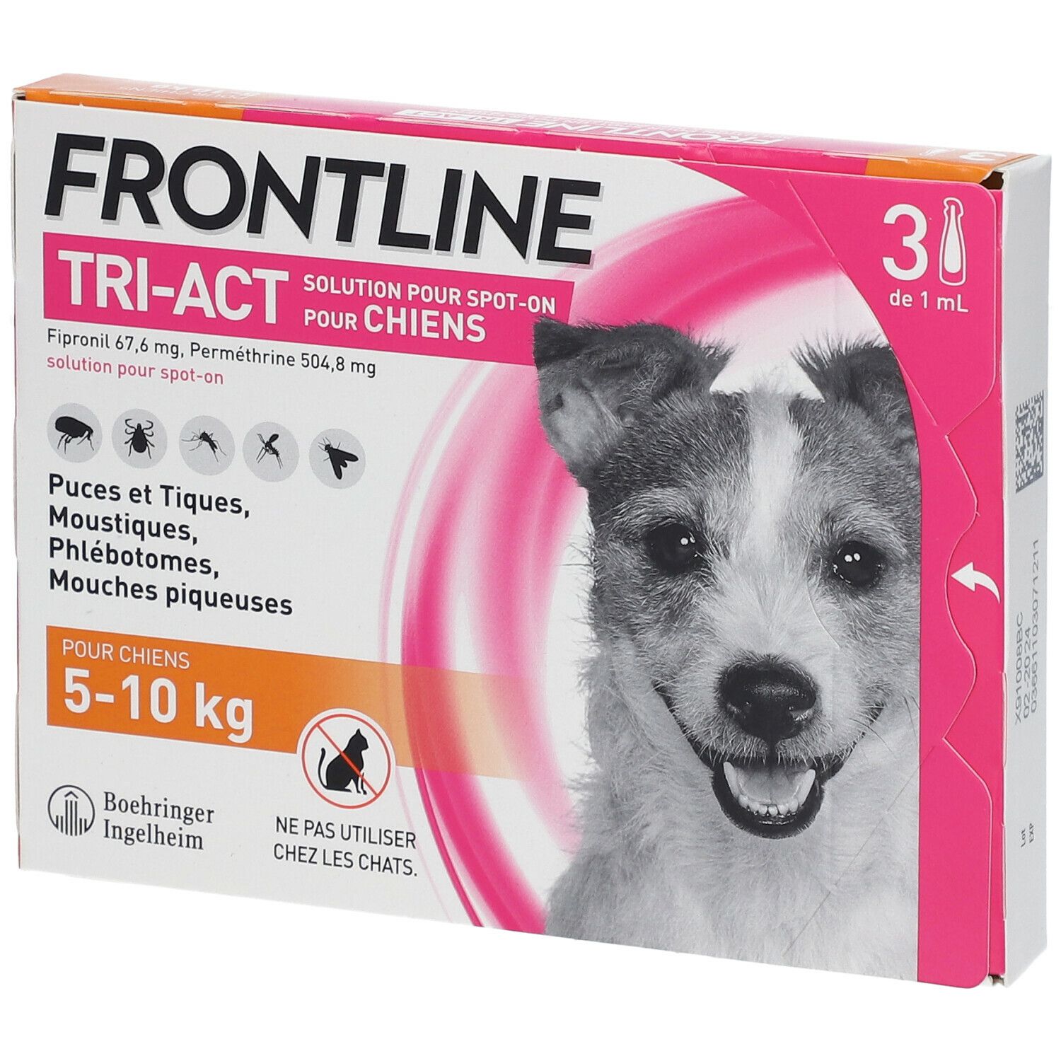 Boîte FRONTLINE TRI-ACT pour chiens. Contient 3 pipettes. Image d'un chien. Pour chiens de 5-10 kg.
