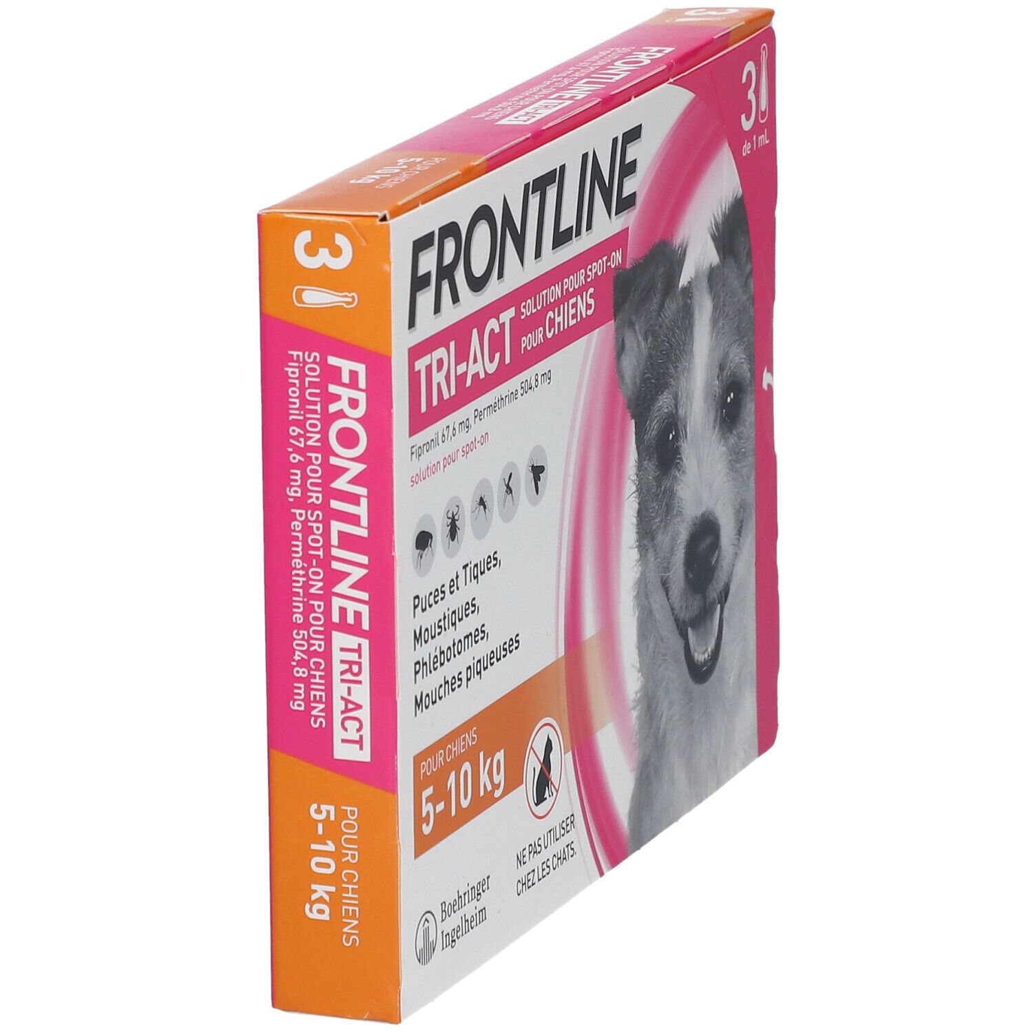 Boîte FRONTLINE TRI-ACT pour chiens. 3 pipettes. Chien sur l'emballage. Pour chiens de 5-10 kg.