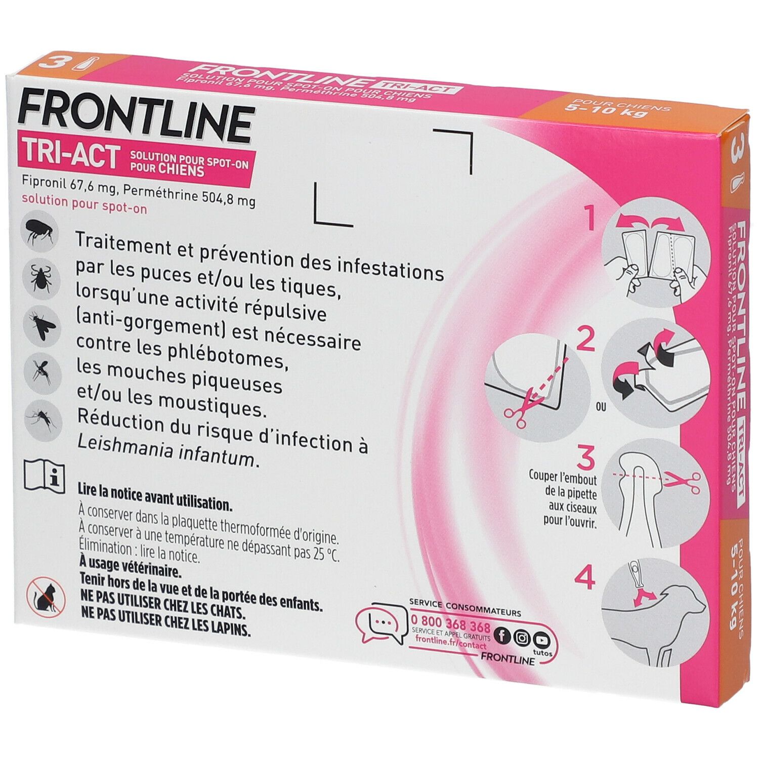 Dos de la boîte FRONTLINE TRI-ACT. Instructions et avertissements. Pour chiens de 5-10 kg.