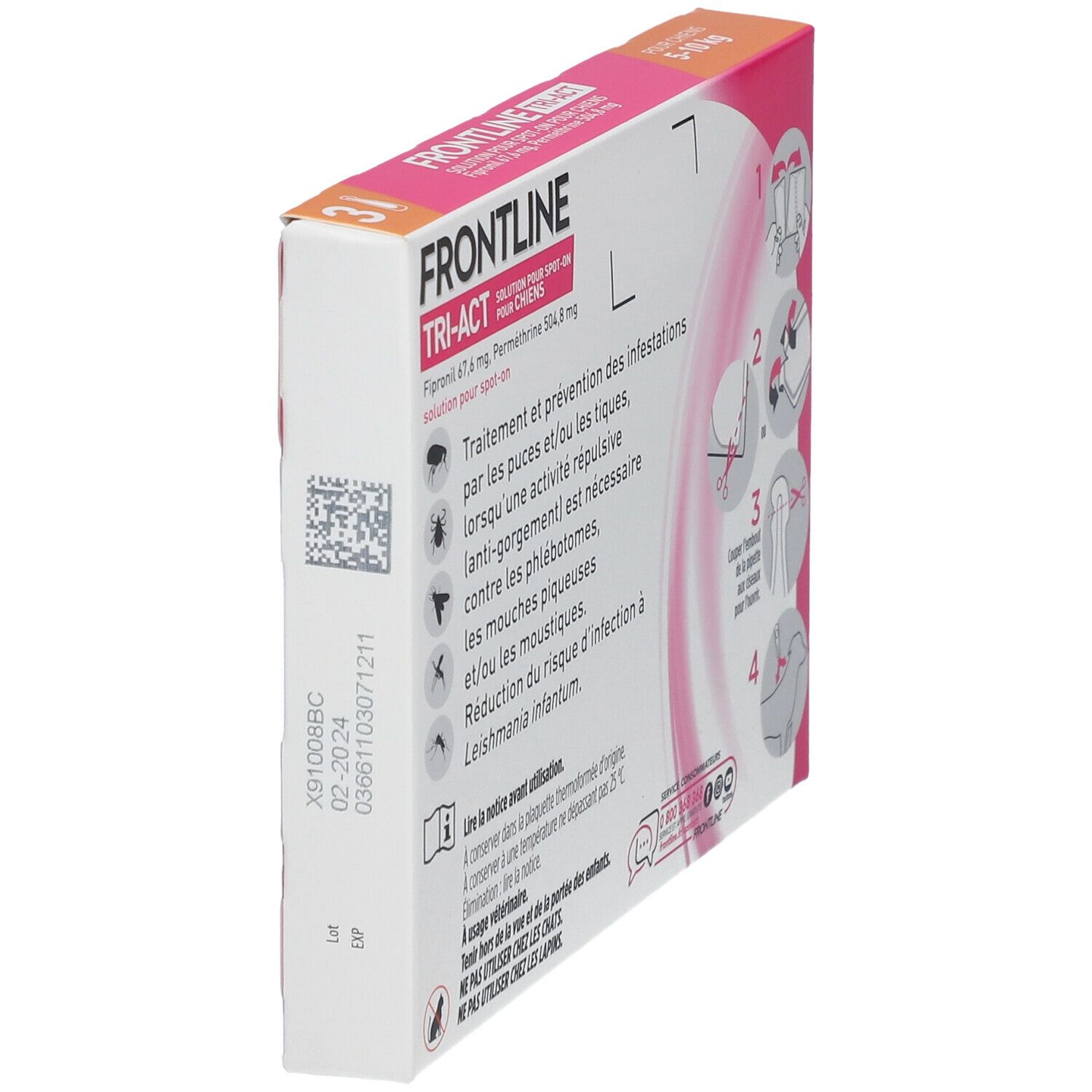 Boîte FRONTLINE TRI-ACT. Dos avec informations. Pour chiens de 5-10 kg.