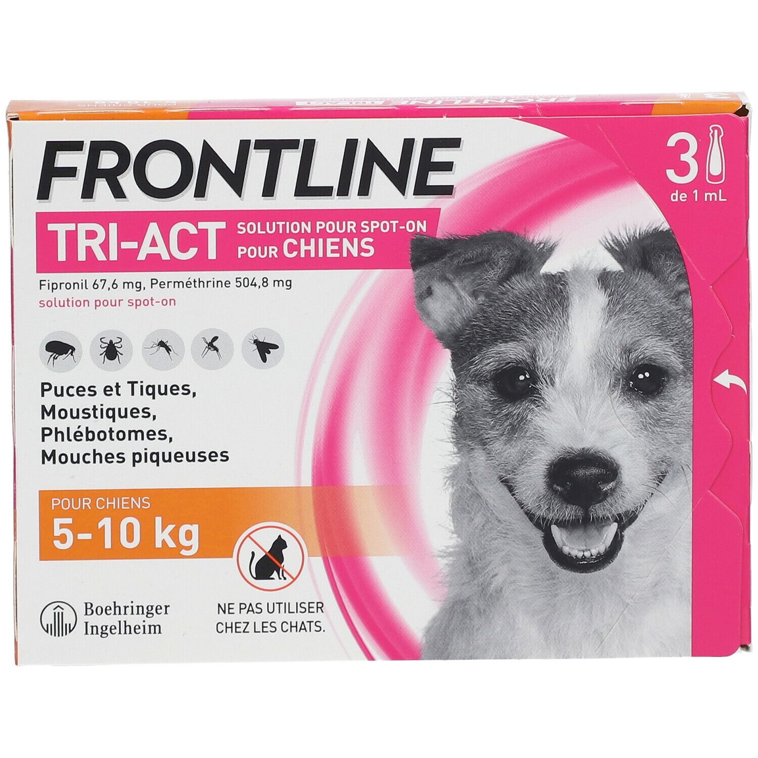 Boîte FRONTLINE TRI-ACT pour chiens. 3 pipettes. Image d'un chien. Pour chiens de 5-10 kg.