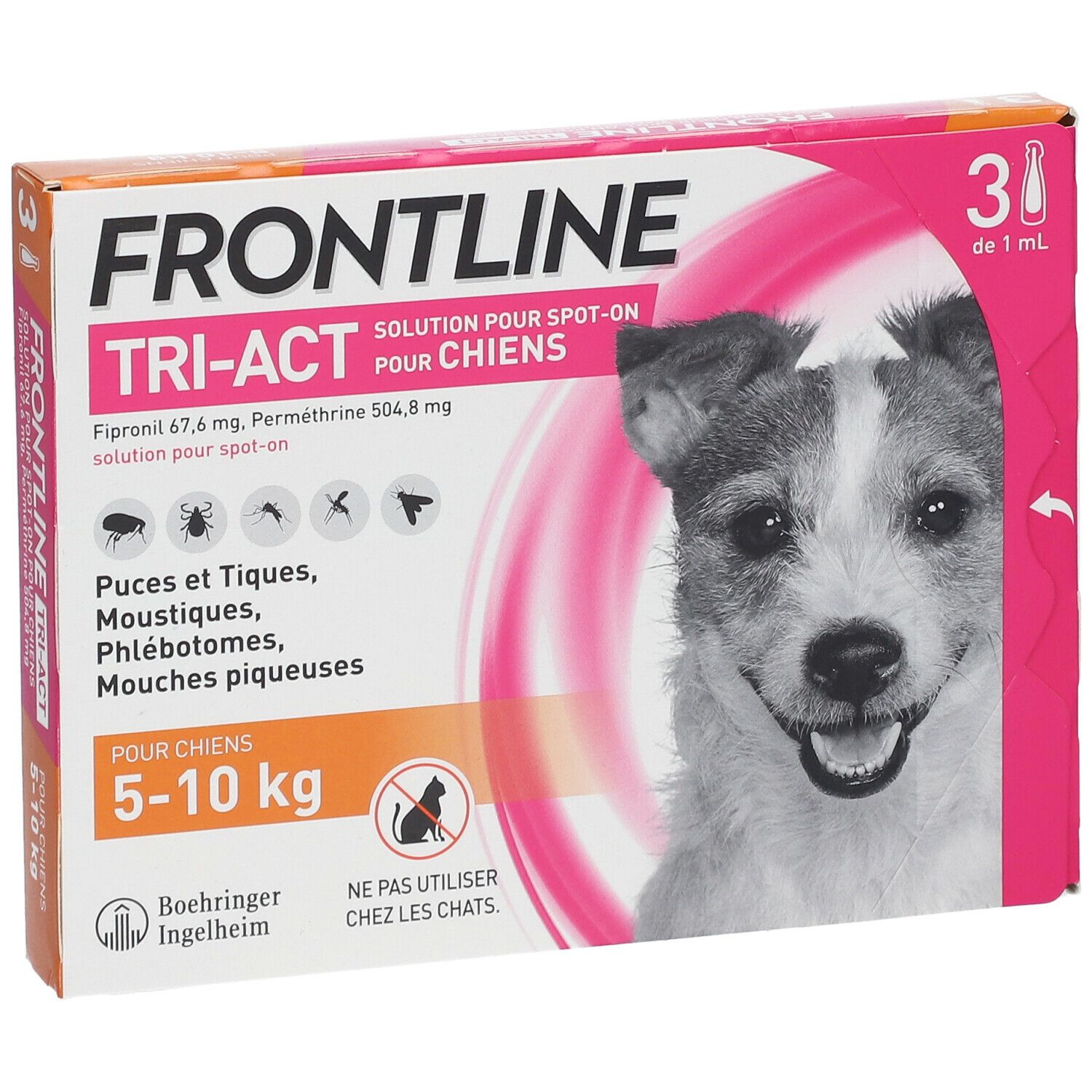 Boîte FRONTLINE TRI-ACT pour chiens. 3 pipettes. Image d'un chien. Pour chiens de 5-10 kg.