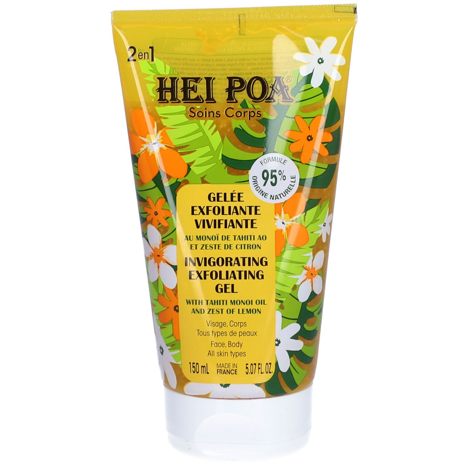 Tube de gel HEI POA, design floral. Inscription: Gelée exfoliante vivifiante. Contient huile de Monoï et citron. 150 ml.