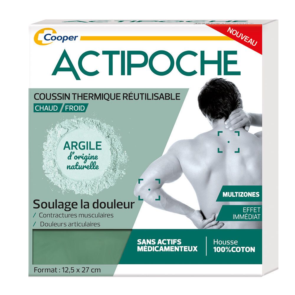Boîte ACTIPOCHE. Coussin thermique réutilisable. Homme montrant des zones douloureuses. Format 12,5 x 27 cm. Effet immédiat.