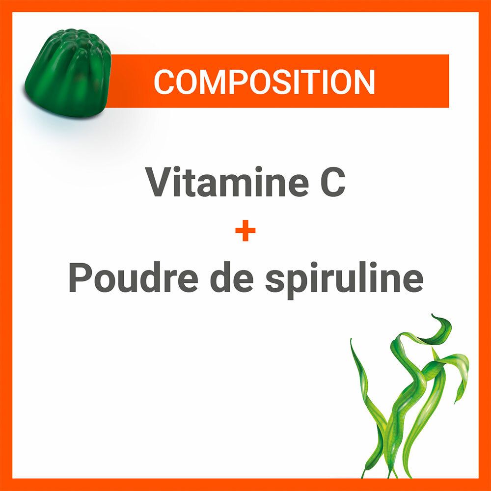 Composition : Vitamine C + poudre de spiruline. Plante de spiruline verte.