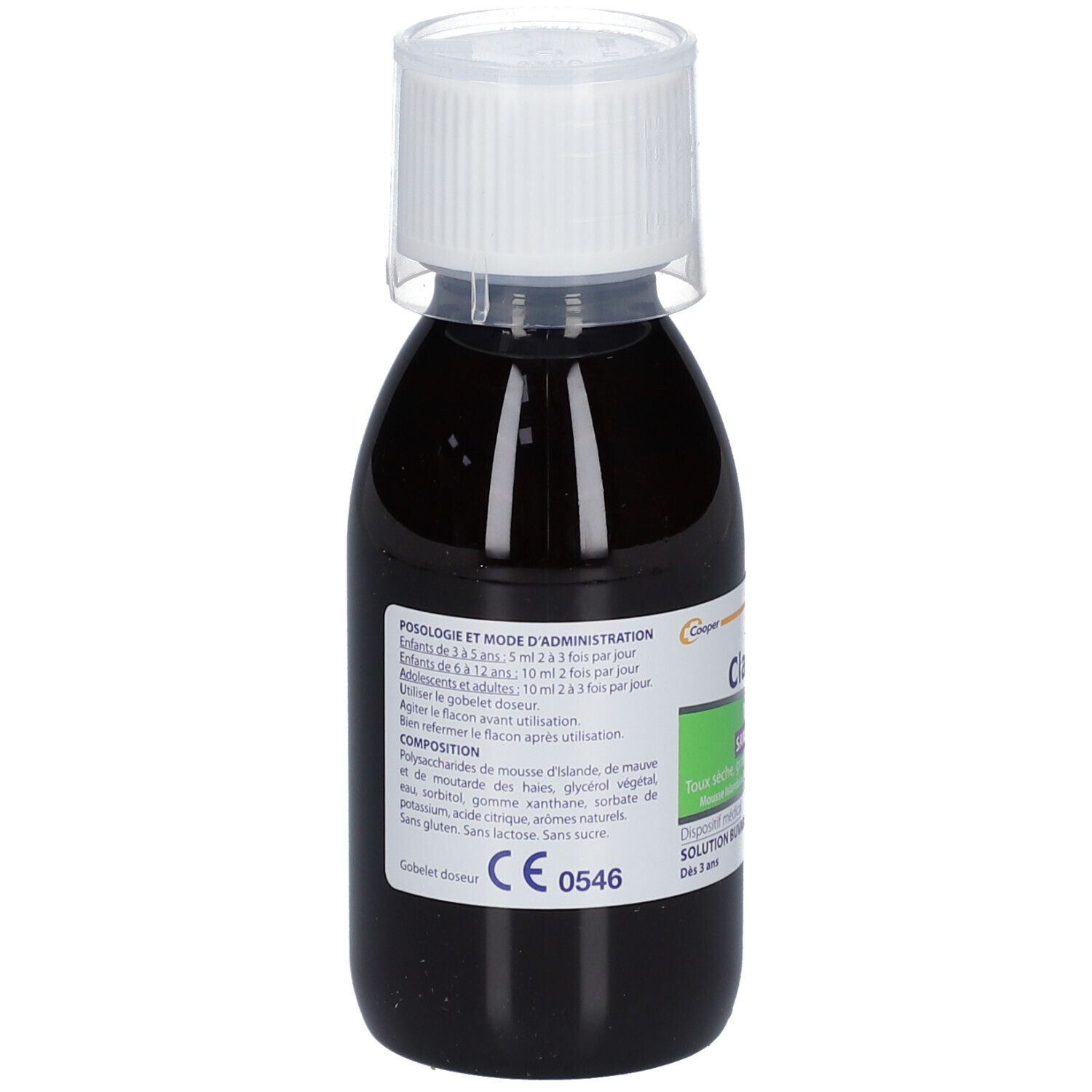 Dos de flacon de liquide brun. Inscription: Clariver. Composition et posologie. Marquage CE.