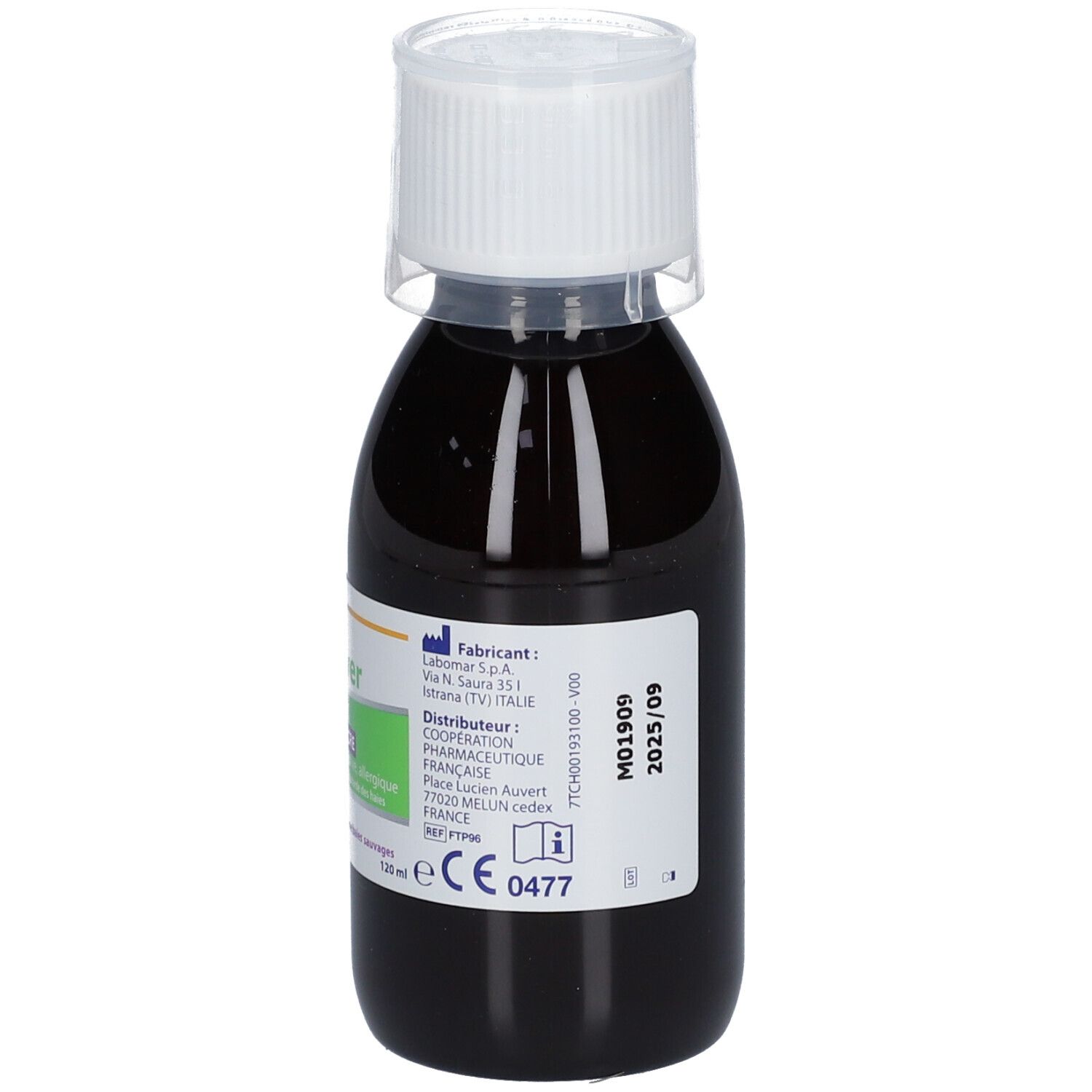 Flacon de liquide brun. Inscription: Clariver. Informations fabricant et distributeur. Marquage CE.