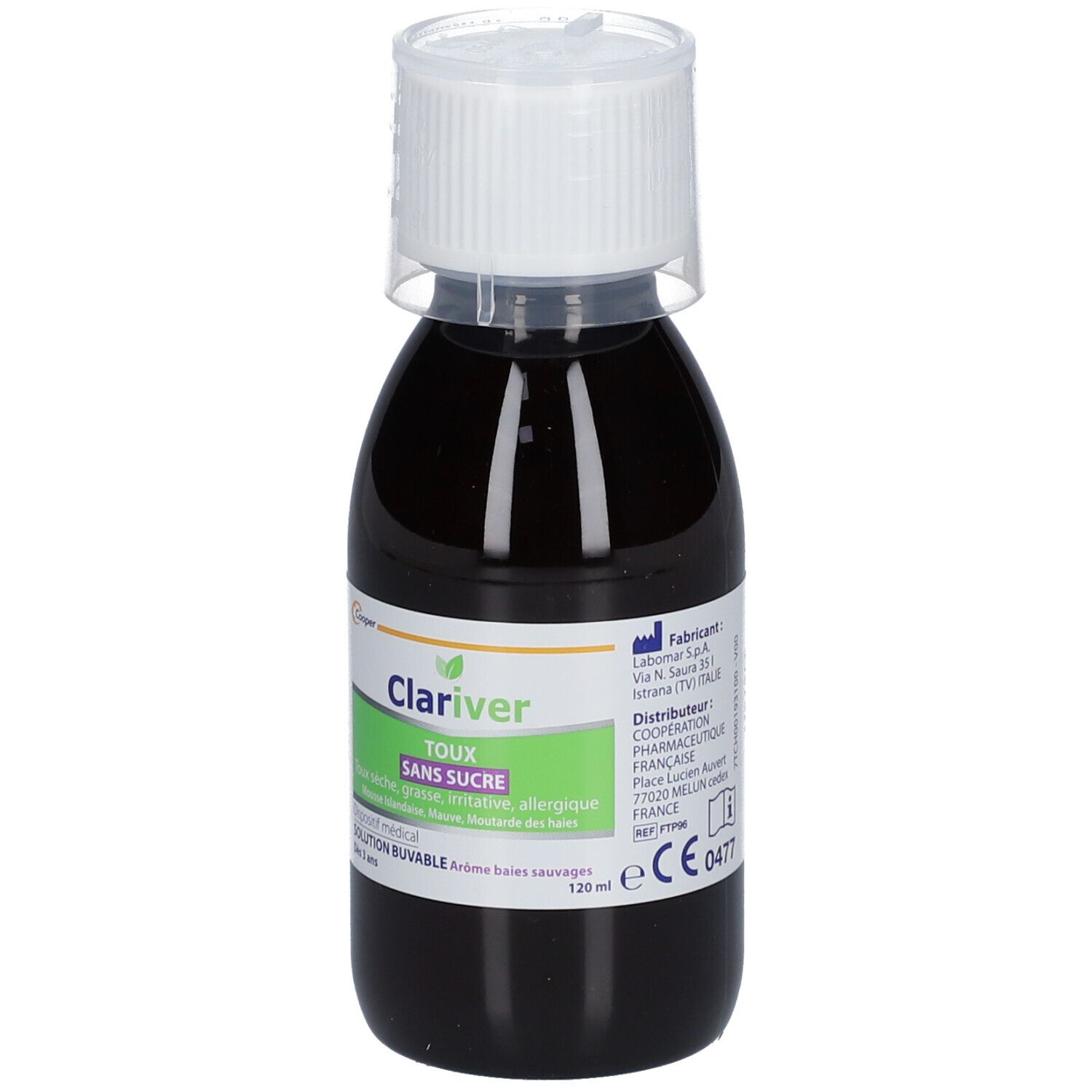 Flacon de liquide brun. Inscription: Clariver Toux Sans Sucre. Marquage CE. 120 ml.