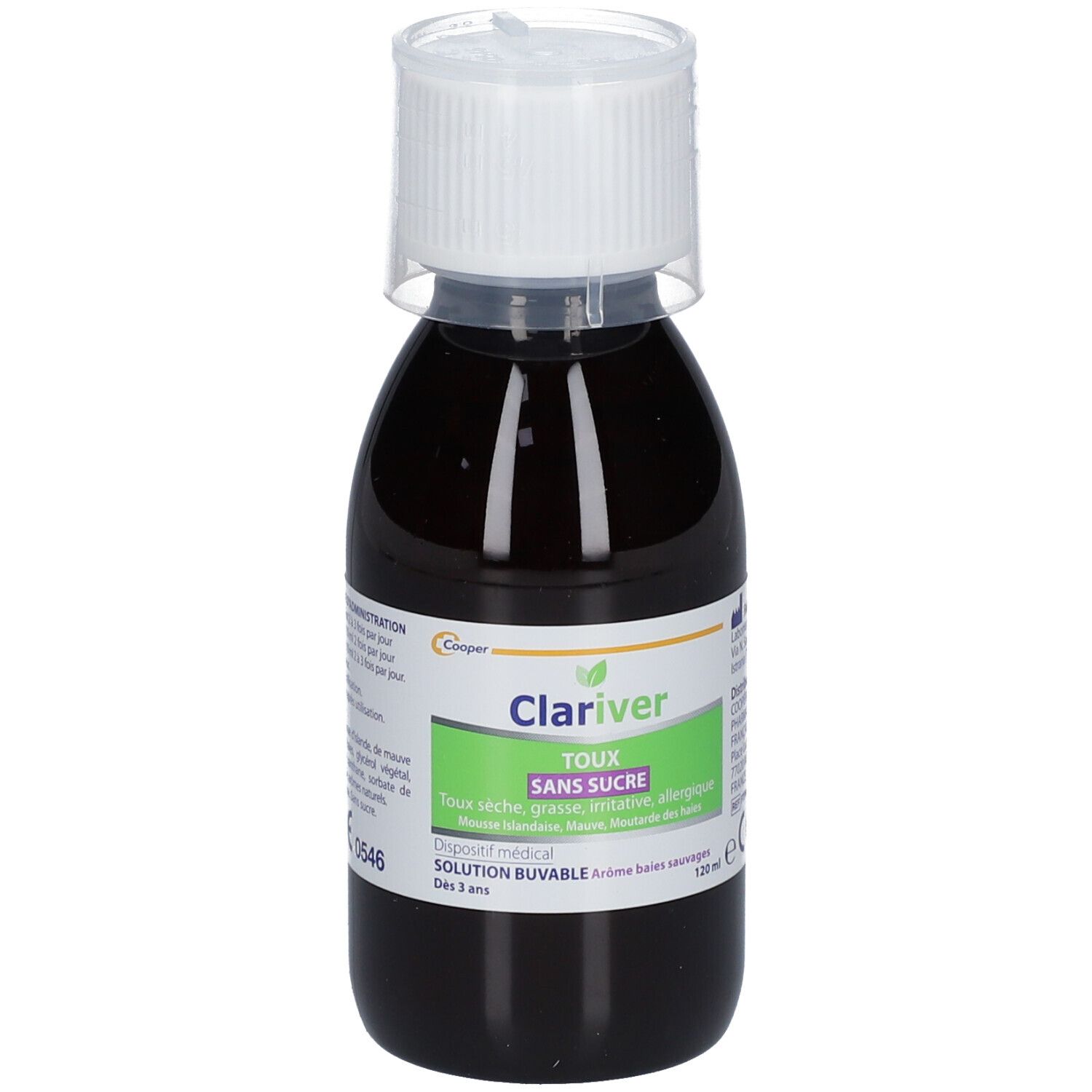 Flacon de liquide brun. Inscription: Clariver Toux Sans Sucre. Marquage CE. 120 ml.