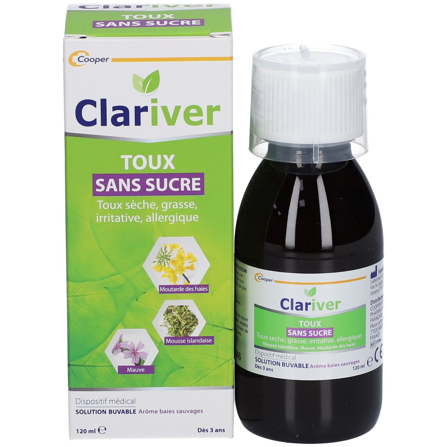 Emballage et flacon. Inscription: Clariver Toux Sans Sucre. 120 ml. Illustrations de plantes.