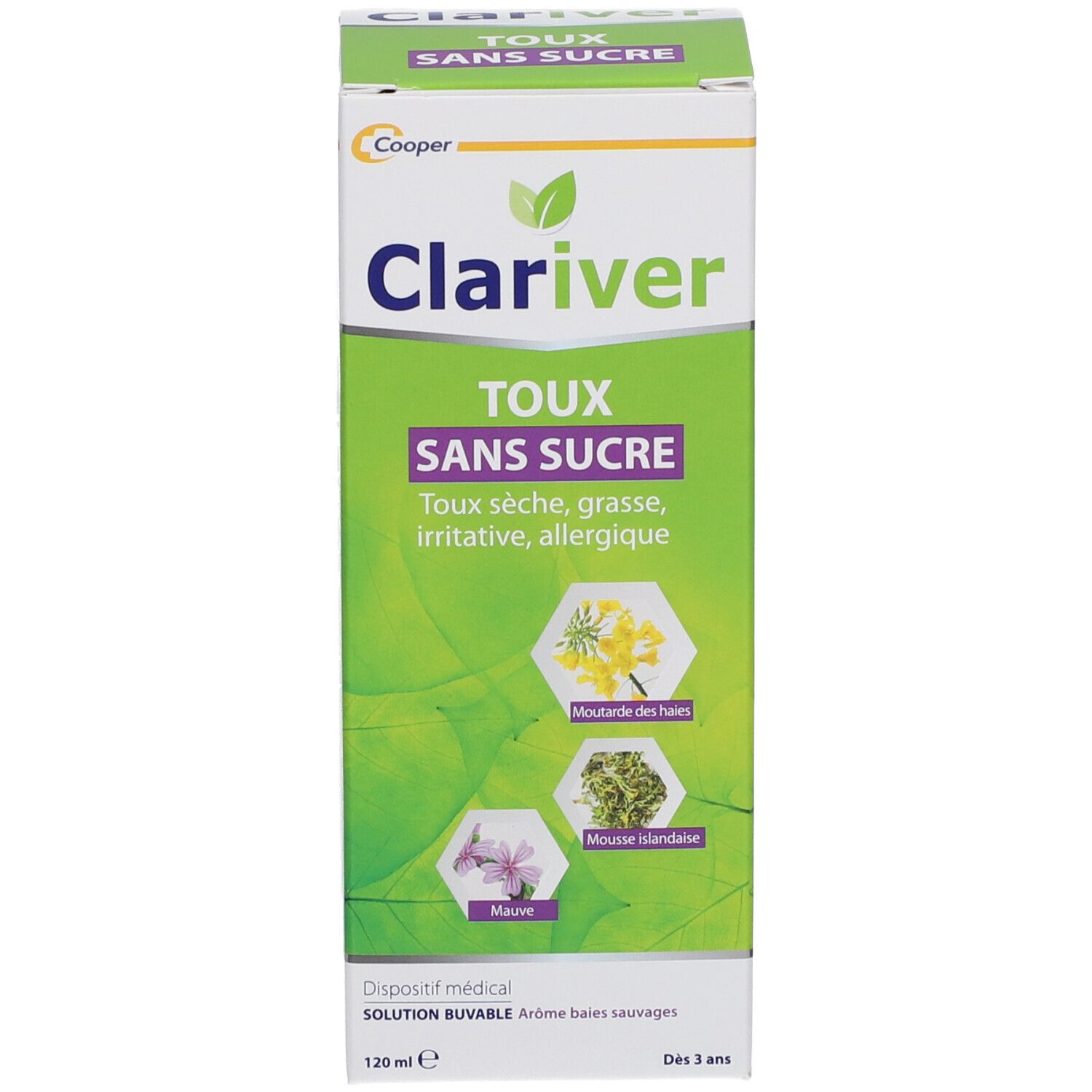 Emballage du produit. Inscription: Clariver Toux Sans Sucre. 120 ml. Illustrations de plantes.