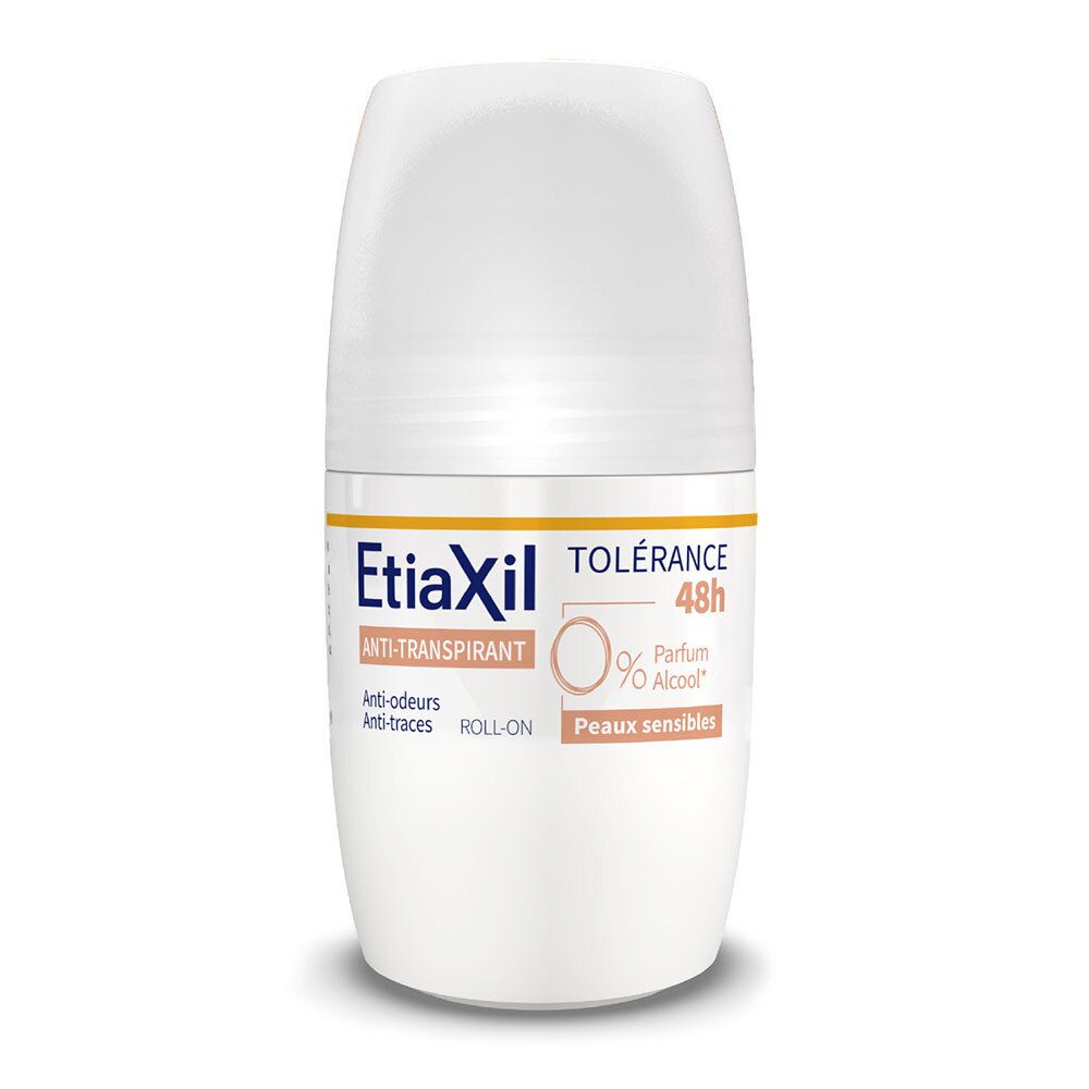 Roll-on blanc avec accents jaunes et oranges. Texte : Etiaxil, Anti-Transpirant, Tolérance 48h, 0% Parfum Alcool, Peaux sensibles.
