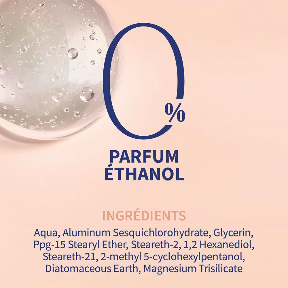Gros plan de gouttes et texte : Parfum, Ethanol, Ingrédients : Aqua, Aluminum Sesquichlorohydrate...