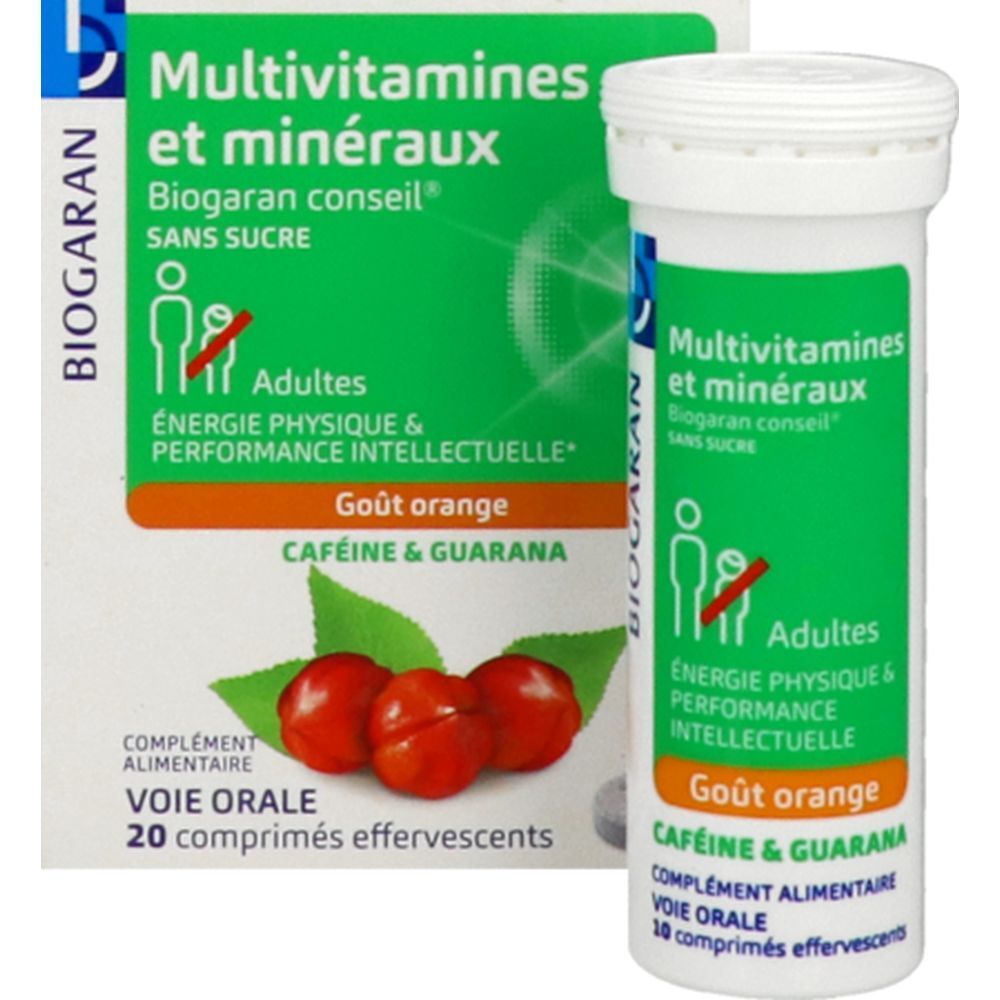 Tube blanc avec étiquette verte. Texte : Multivitamines et minéraux, Biogaran conseil, sans sucre. Goût orange.