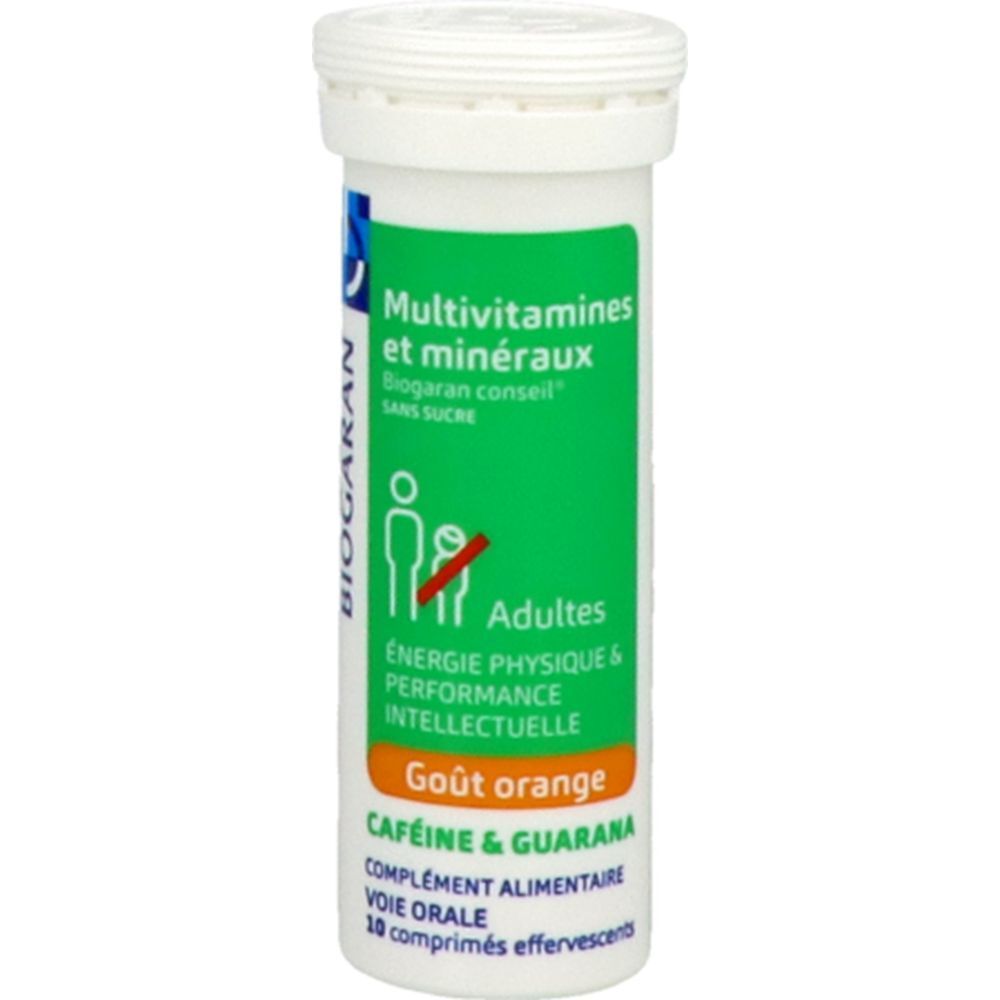 Tube blanc avec étiquette verte. Texte : Multivitamines et minéraux, Biogaran conseil, sans sucre. Goût orange.