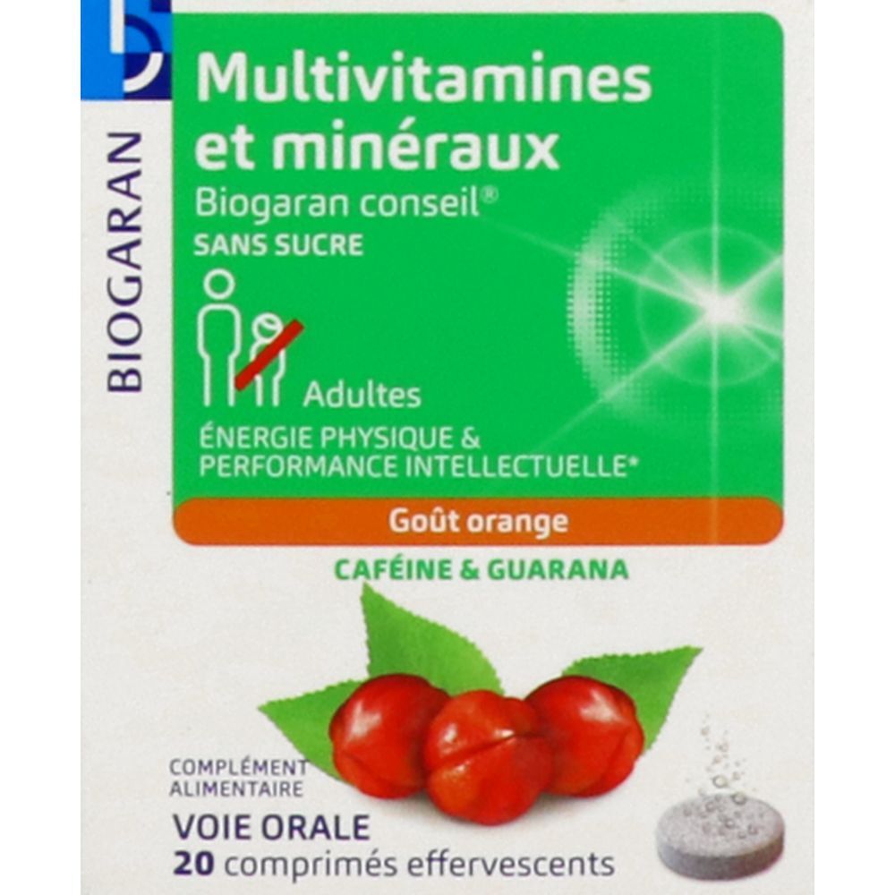 Boîte avec étiquette verte. Texte : Multivitamines et minéraux, Biogaran conseil, sans sucre. Goût orange. 20 comprimés effervescents.