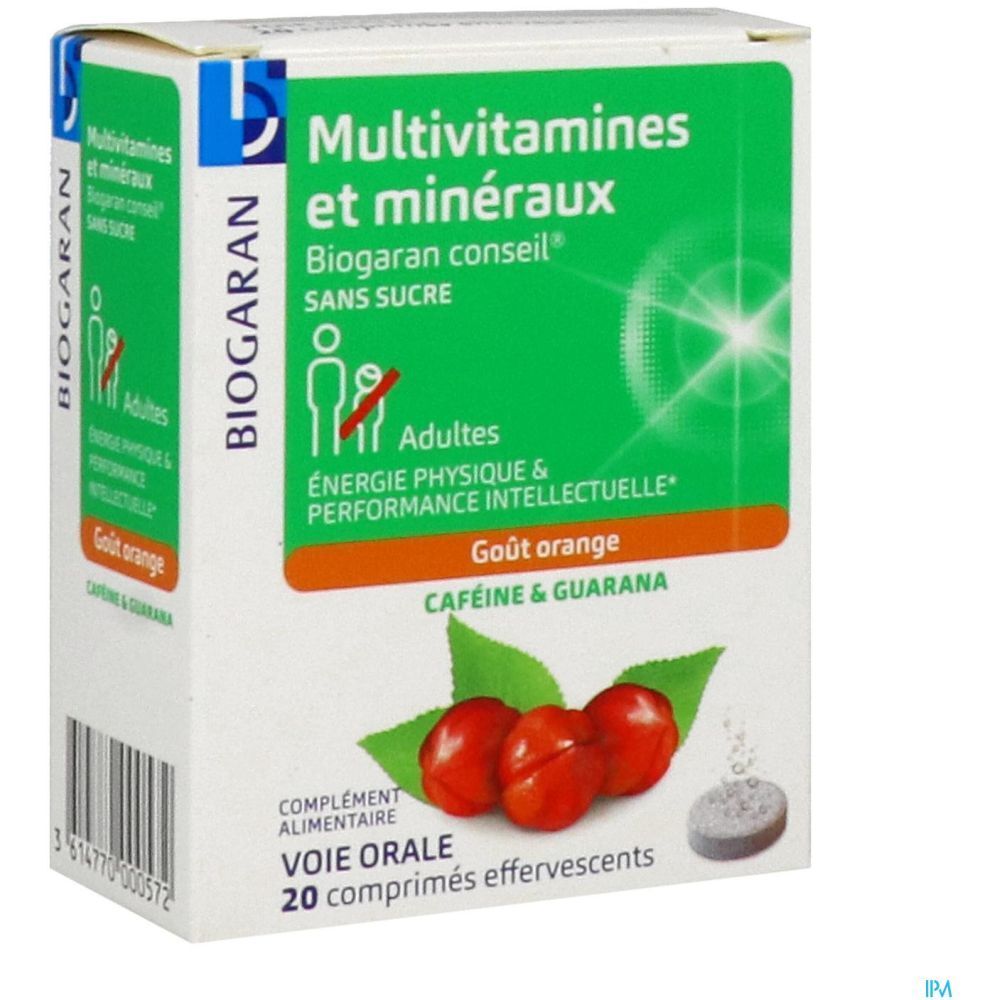 Boîte avec étiquette verte. Texte : Multivitamines et minéraux, Biogaran conseil, sans sucre. Goût orange. 20 comprimés effervescents.