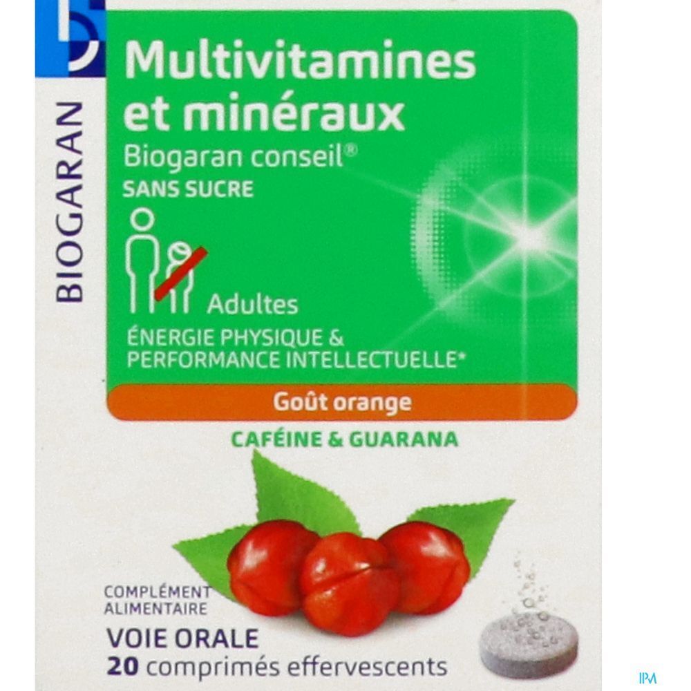 Boîte avec étiquette verte. Texte : Multivitamines et minéraux, Biogaran conseil, sans sucre. Goût orange. 20 comprimés effervescents.