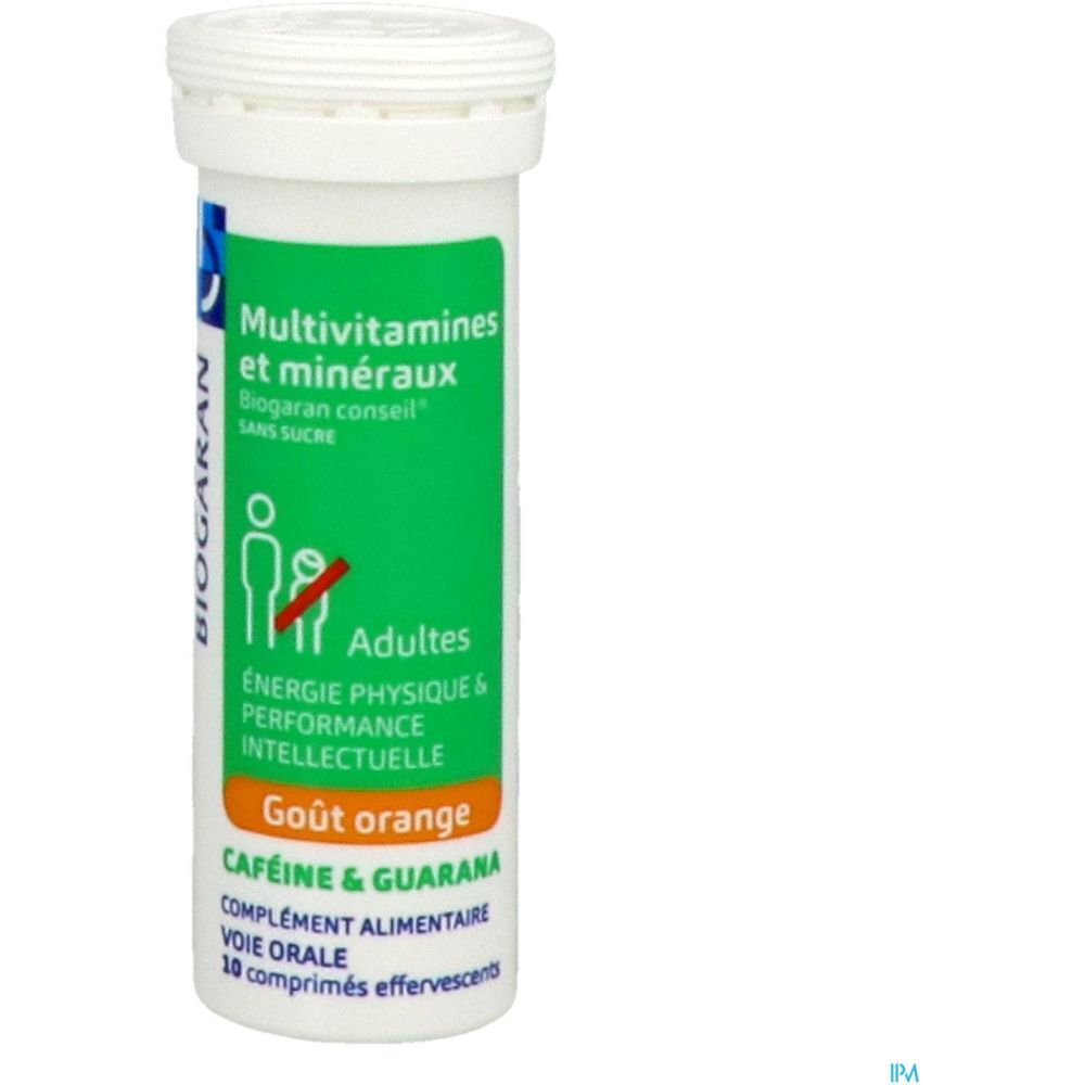 Tube blanc avec étiquette verte. Texte : Multivitamines et minéraux, Biogaran conseil, sans sucre. Goût orange.