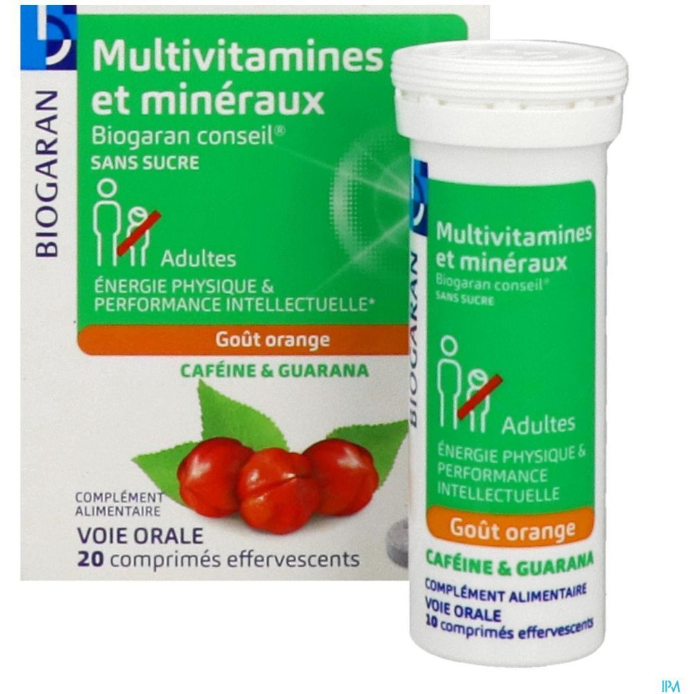 Boîte et tube. Texte : Multivitamines et minéraux, Biogaran conseil, sans sucre. Goût orange. 20 comprimés effervescents.