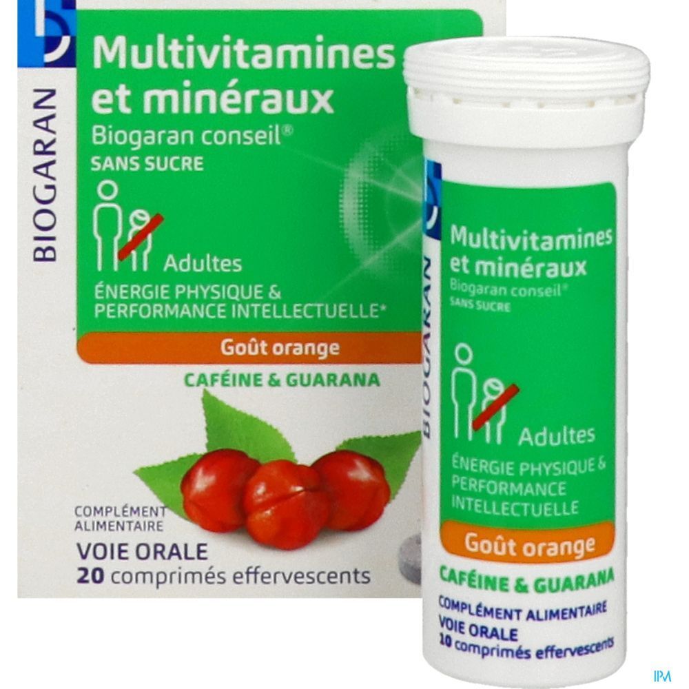 Boîte et tube. Texte : Multivitamines et minéraux, Biogaran conseil, sans sucre. Goût orange. 20 comprimés effervescents.