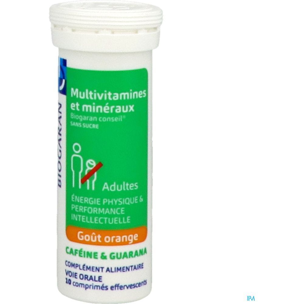 Tube blanc avec étiquette verte. Texte : Multivitamines et minéraux, Biogaran conseil, sans sucre. Goût orange.