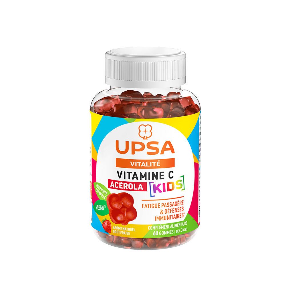 Klare Flasche mit roten Gummibärchen. Aufkleber mit Text: UPSA, Vitamin C Acerola KIDS, 60 Gummis. Vegan.