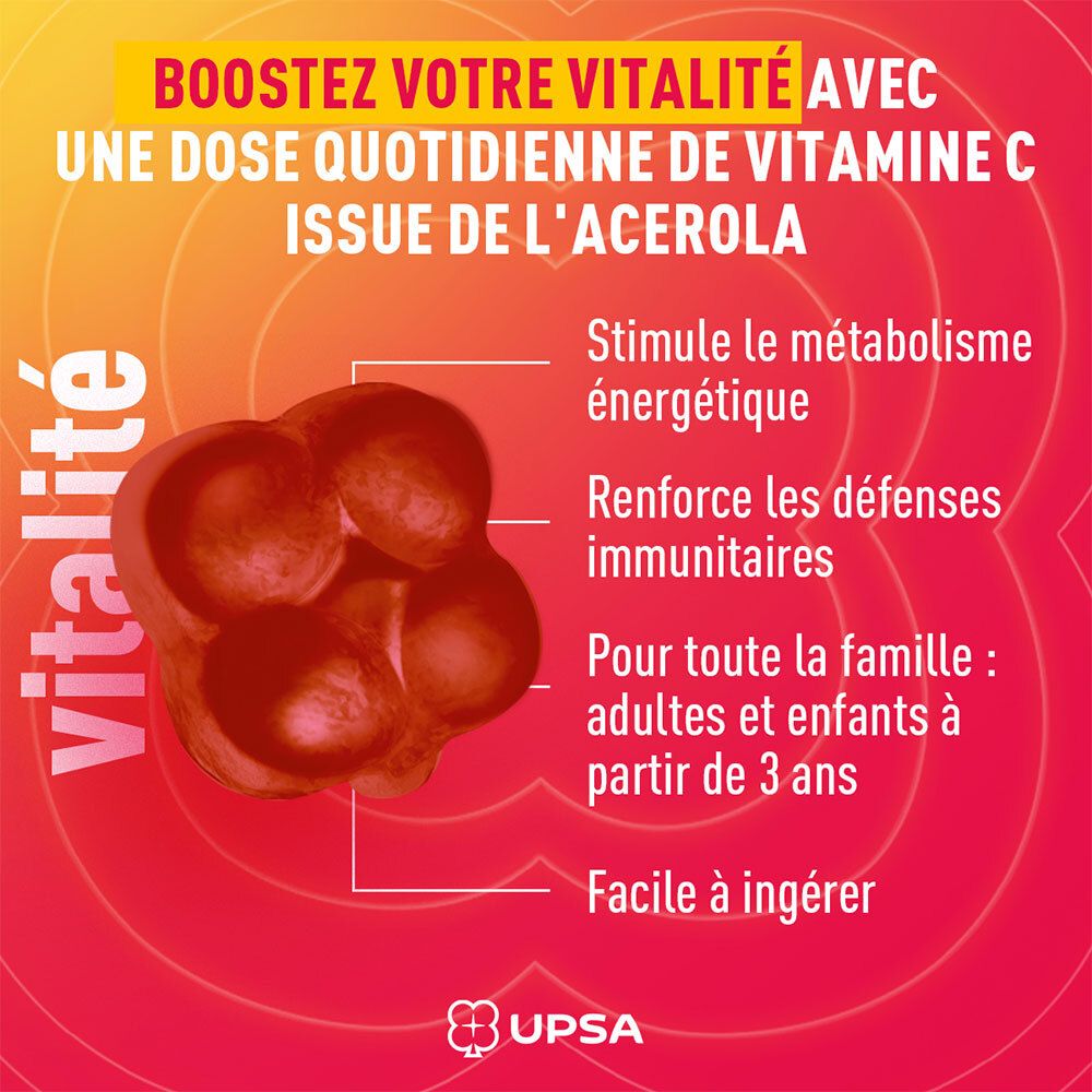 Infografik mit Text: Steigern Sie Ihre Vitalität mit einer täglichen Dosis Vitamin C aus Acerola. UPSA Logo.