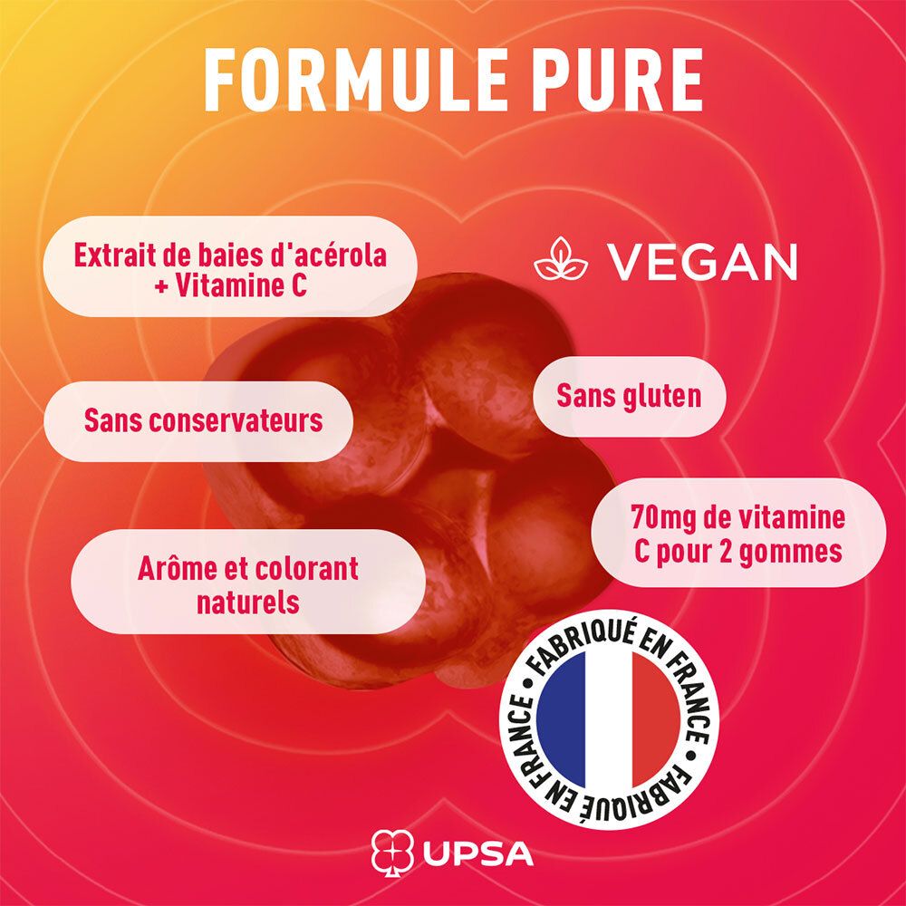 Infografik mit Text: Reine Formel. Acerola-Beerenextrakt + Vitamin C. Vegan. Glutenfrei. Hergestellt in Frankreich.