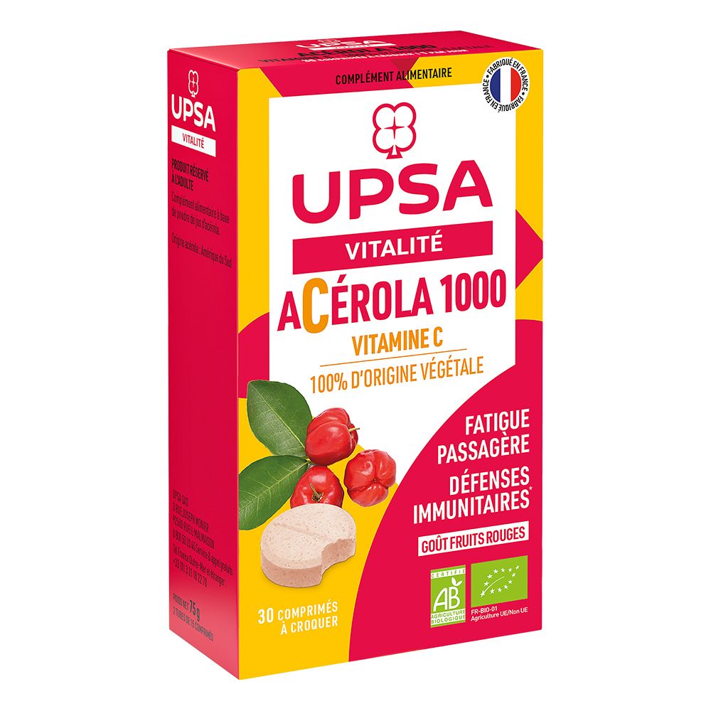 Acérola 1000 BIO Upsa - 30 comprimés à croquer - Adulte - Complément alimentaire, goût fruits rouges