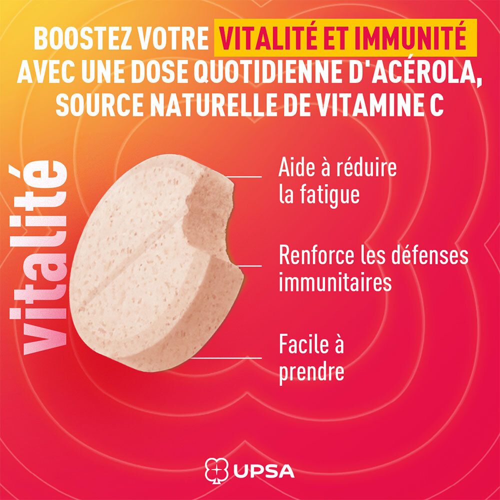 Kautablette mit Biss. Text: Vitalität, Quelle für Vitamin C. Hilft Müdigkeit zu reduzieren, stärkt die Immunabwehr.