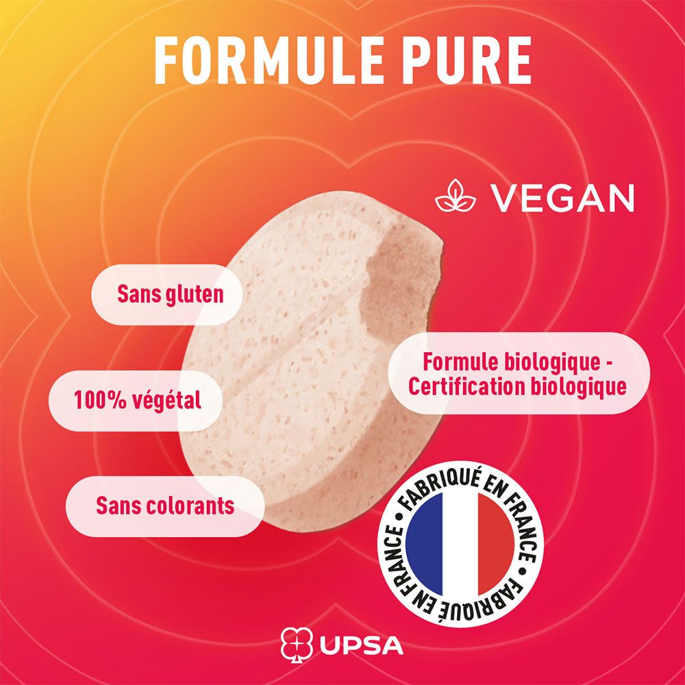 Kautablette mit Biss. Text: Vegane Formel, glutenfrei, 100% pflanzlich, ohne Farbstoffe. Made in France.