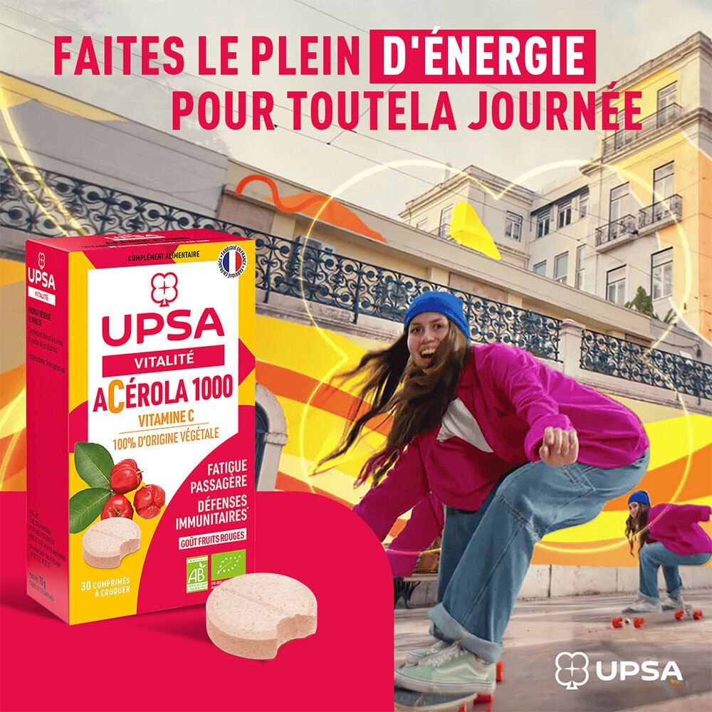 Produktverpackung und Kautablette. Frau auf einem Skateboard. Text: Acerola 1000, Vitamin C, 100% pflanzlich.