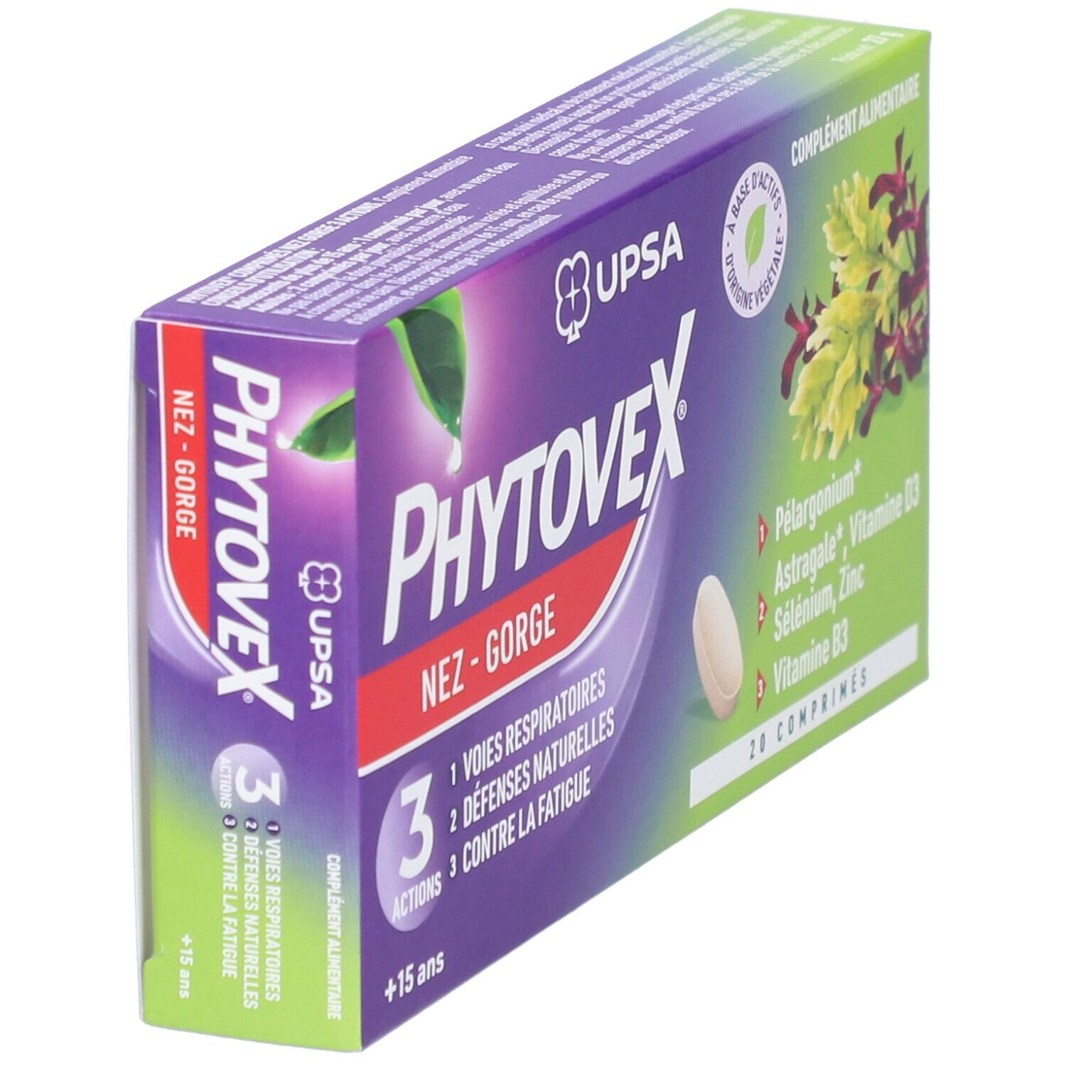 Boîte de Phytovex Nez-Gorge 3 Actions en perspective. Contient 20 comprimés. Ingrédients : Astragale, vitamine D3, sélénium et zinc.