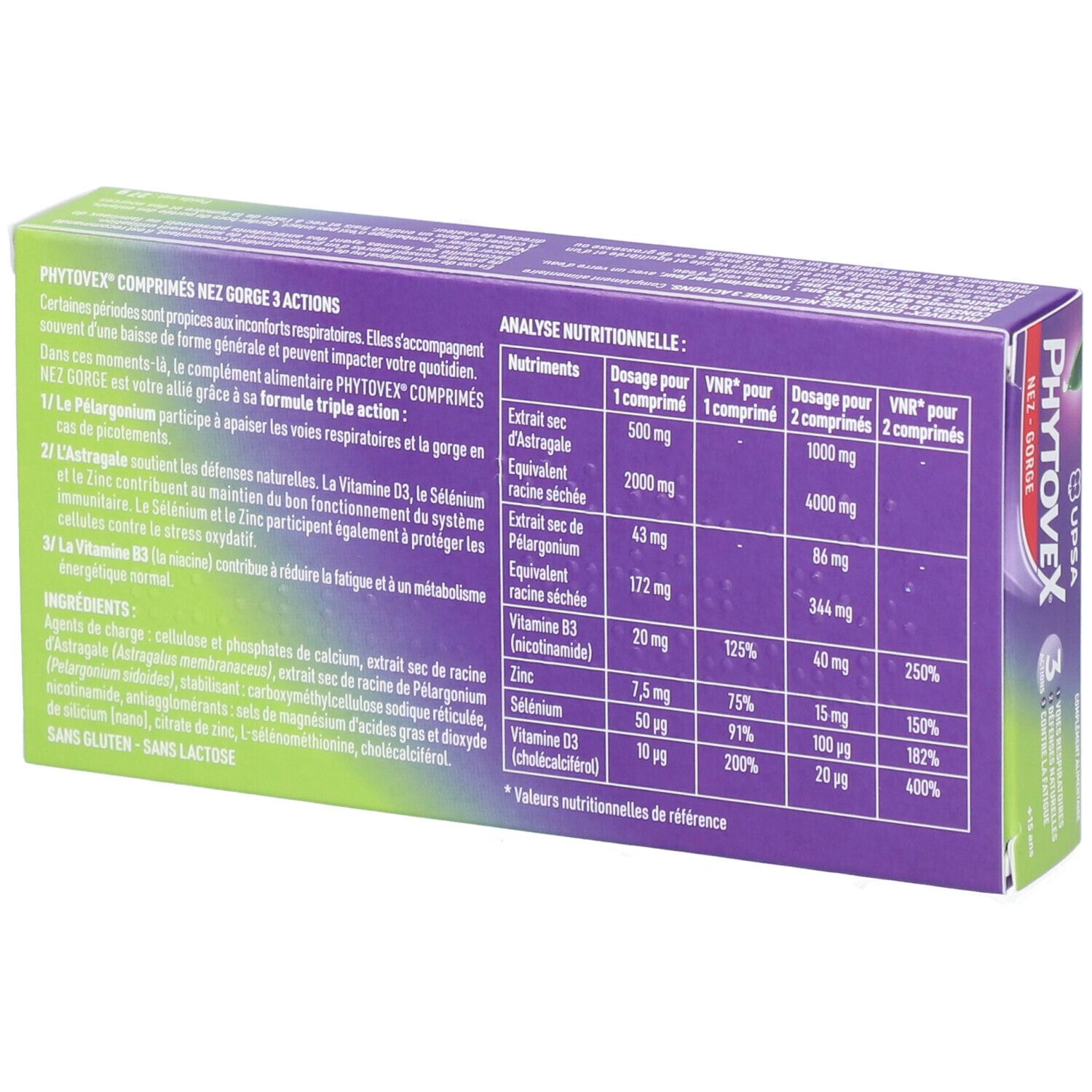 Dos de la boîte Phytovex Nez-Gorge 3 Actions. Informations nutritionnelles et ingrédients. Sans gluten ni lactose.
