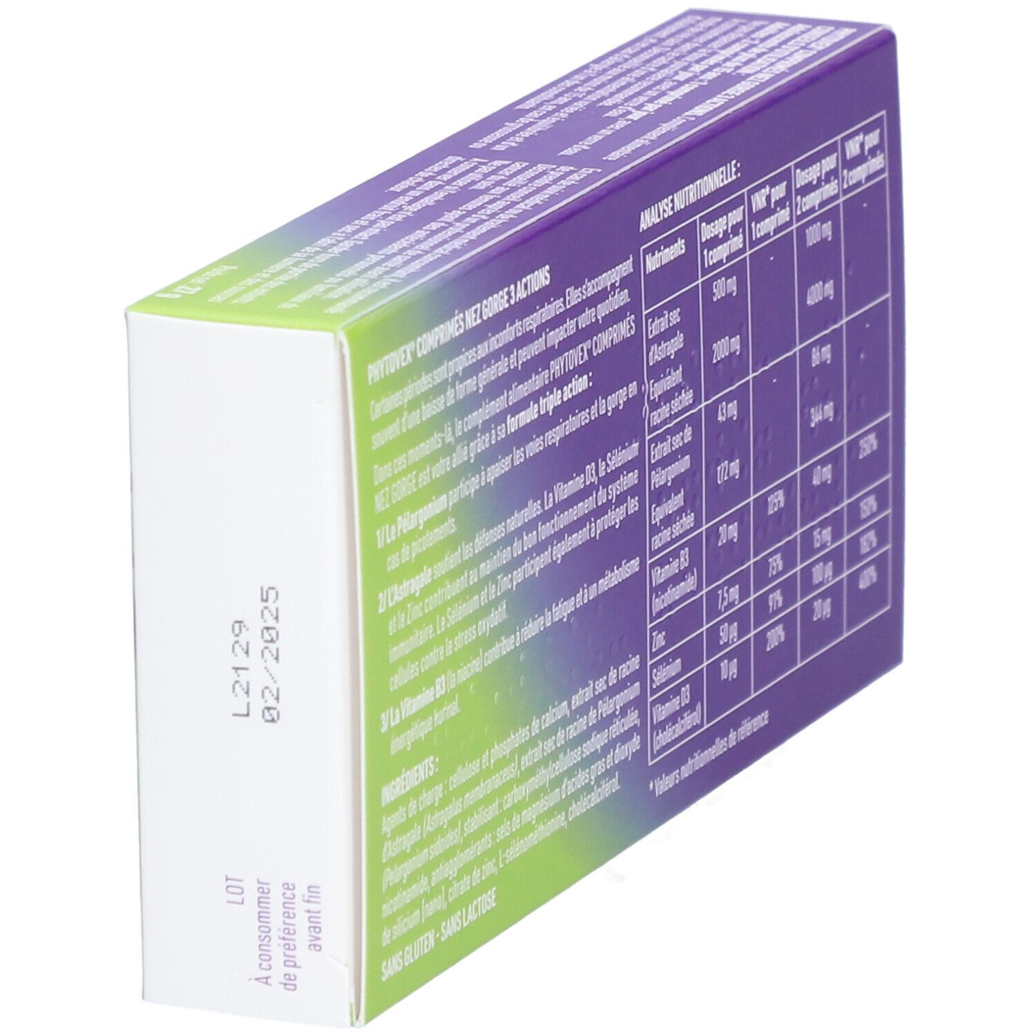 Vue latérale de la boîte Phytovex Nez-Gorge 3 Actions. Date de péremption. Sans gluten ni lactose.
