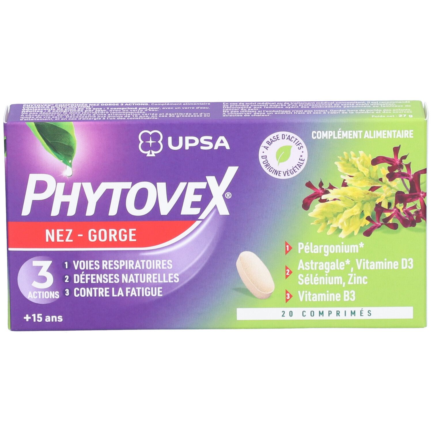 Boîte de Phytovex Nez-Gorge 3 Actions. Contient 20 comprimés. Ingrédients : Astragale, vitamine D3, sélénium et zinc.