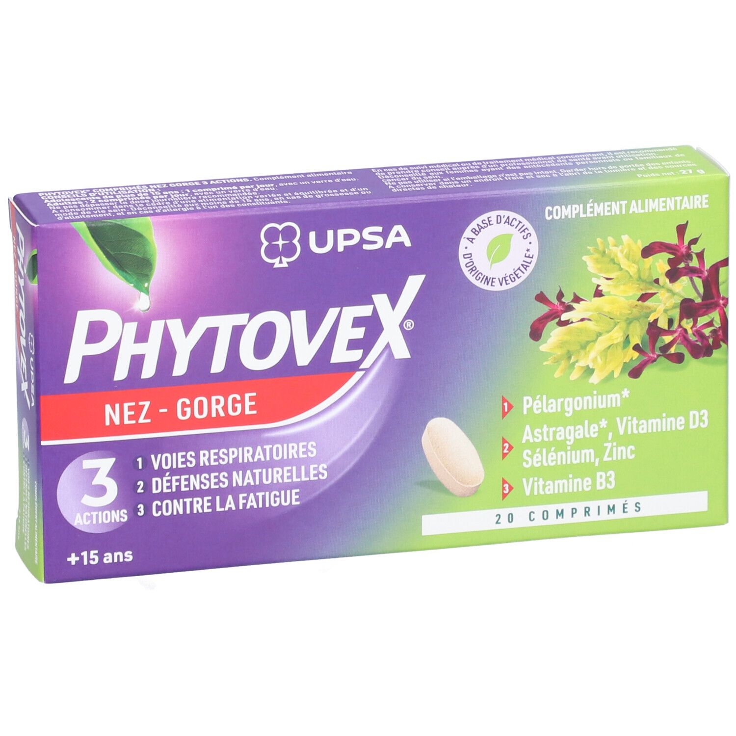 Boîte de Phytovex Nez-Gorge 3 Actions. Contient 20 comprimés. Ingrédients : Astragale, vitamine D3, sélénium et zinc.