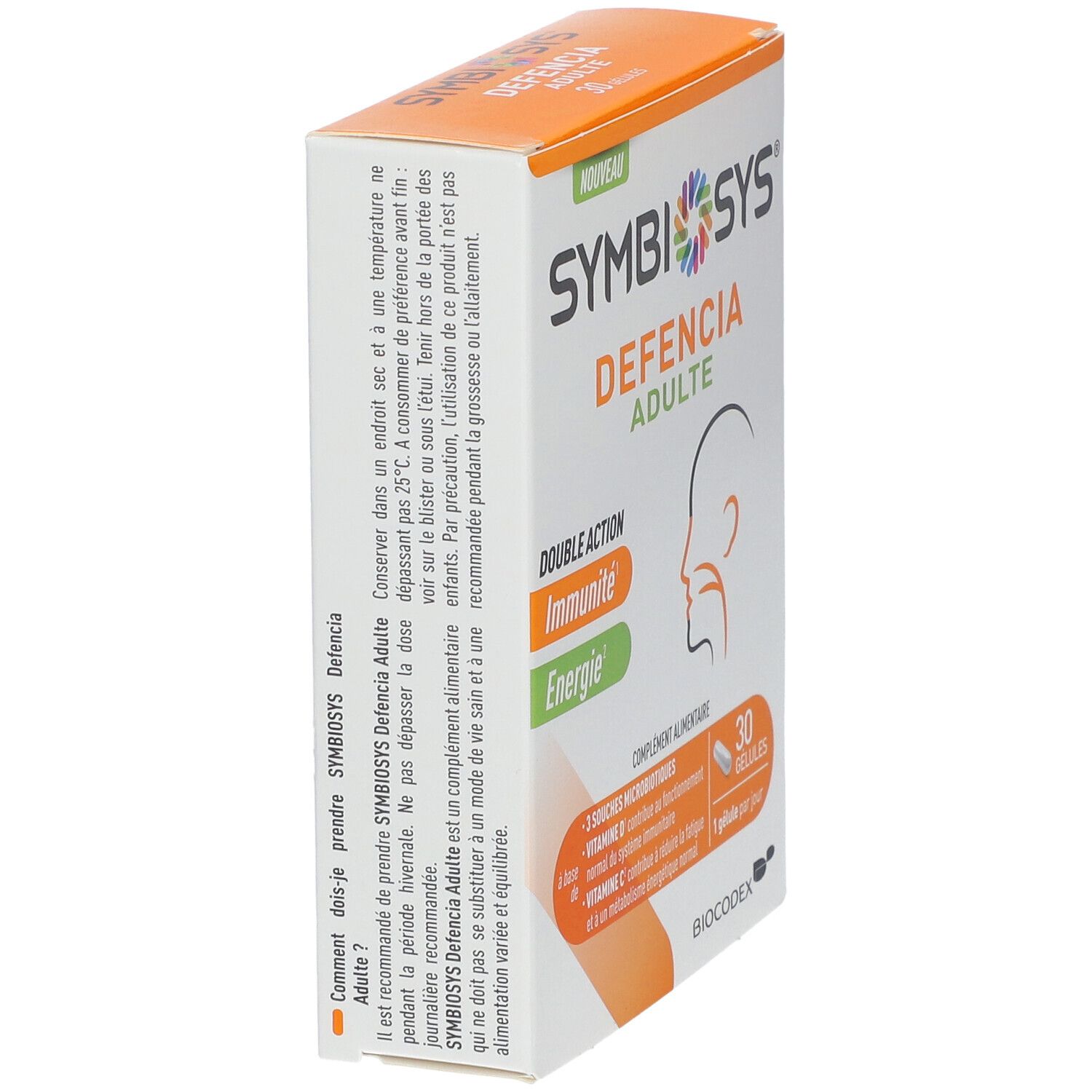 Vue latérale boîte SYMBIOSYS Defencia Adulte. Texte : Double action, Immunité, Énergie. 30 gélules. Biocodex.