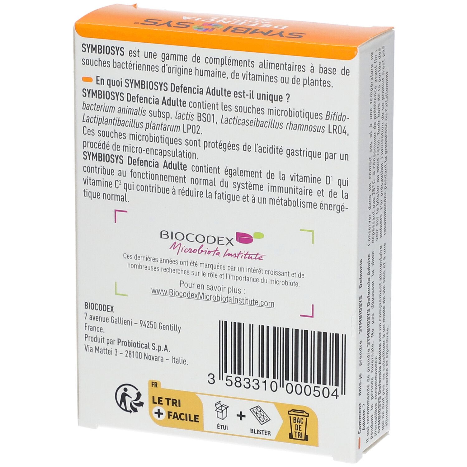 Dos de la boîte SYMBIOSYS Defencia Adulte. Texte sur ingrédients et fabricant. Biocodex Microbota Institute.
