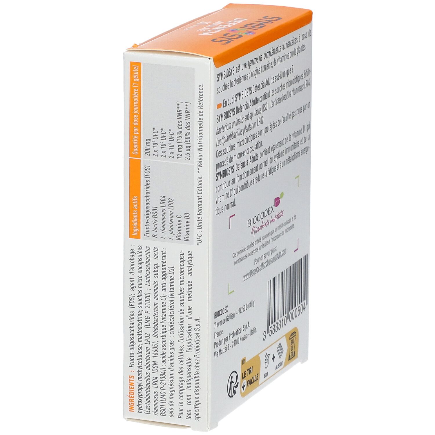 Détail des ingrédients SYMBIOSYS Defencia Adulte. Contient fructo-oligosaccharides, lactobacilles, vitamine D3.
