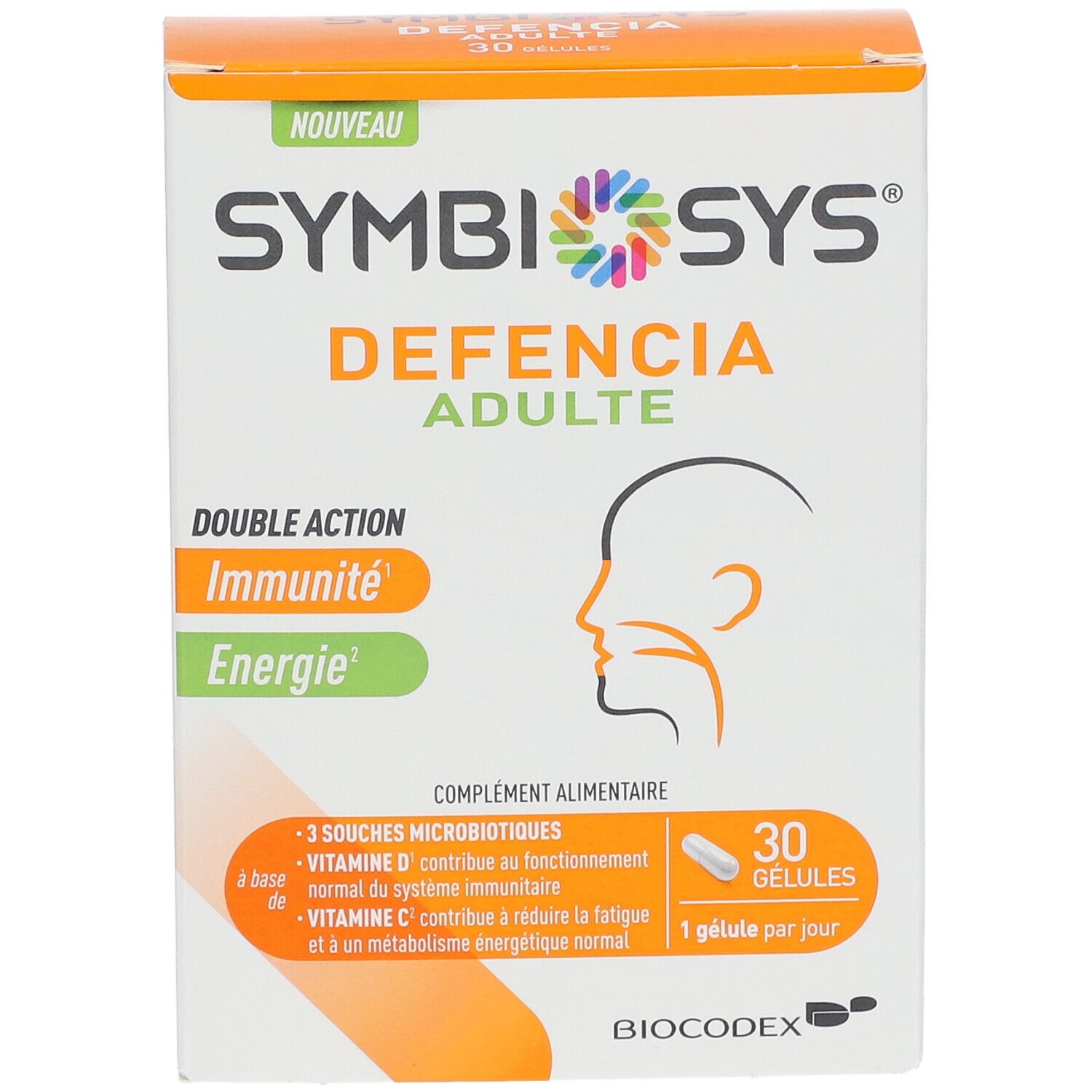 Boîte SYMBIOSYS Defencia Adulte. Double action : Immunité, Énergie. 30 gélules. Contient vitamine D et C.
