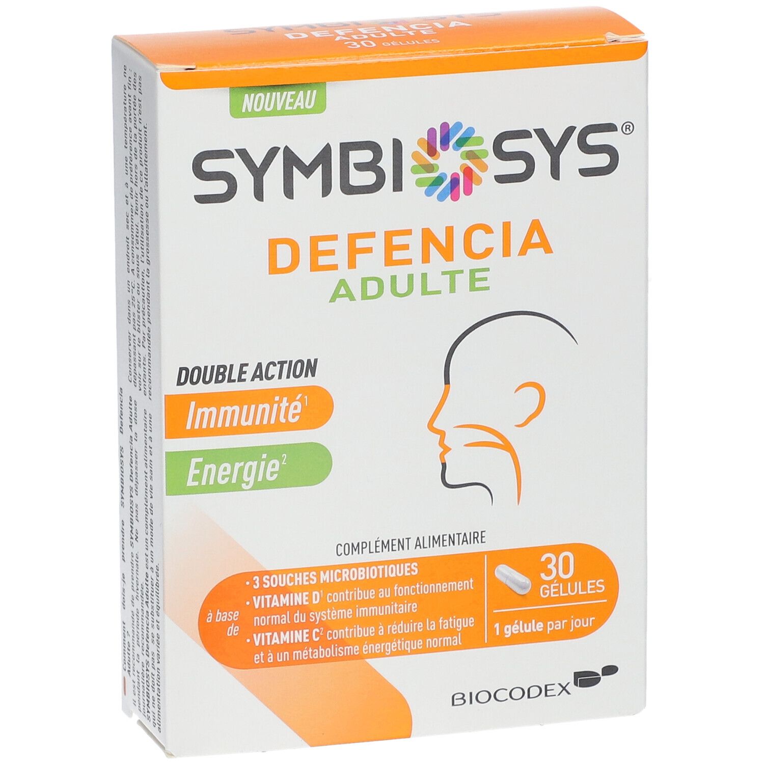 Boîte SYMBIOSYS Defencia Adulte. Double action : Immunité, Énergie. 30 gélules. Contient vitamine D et C.