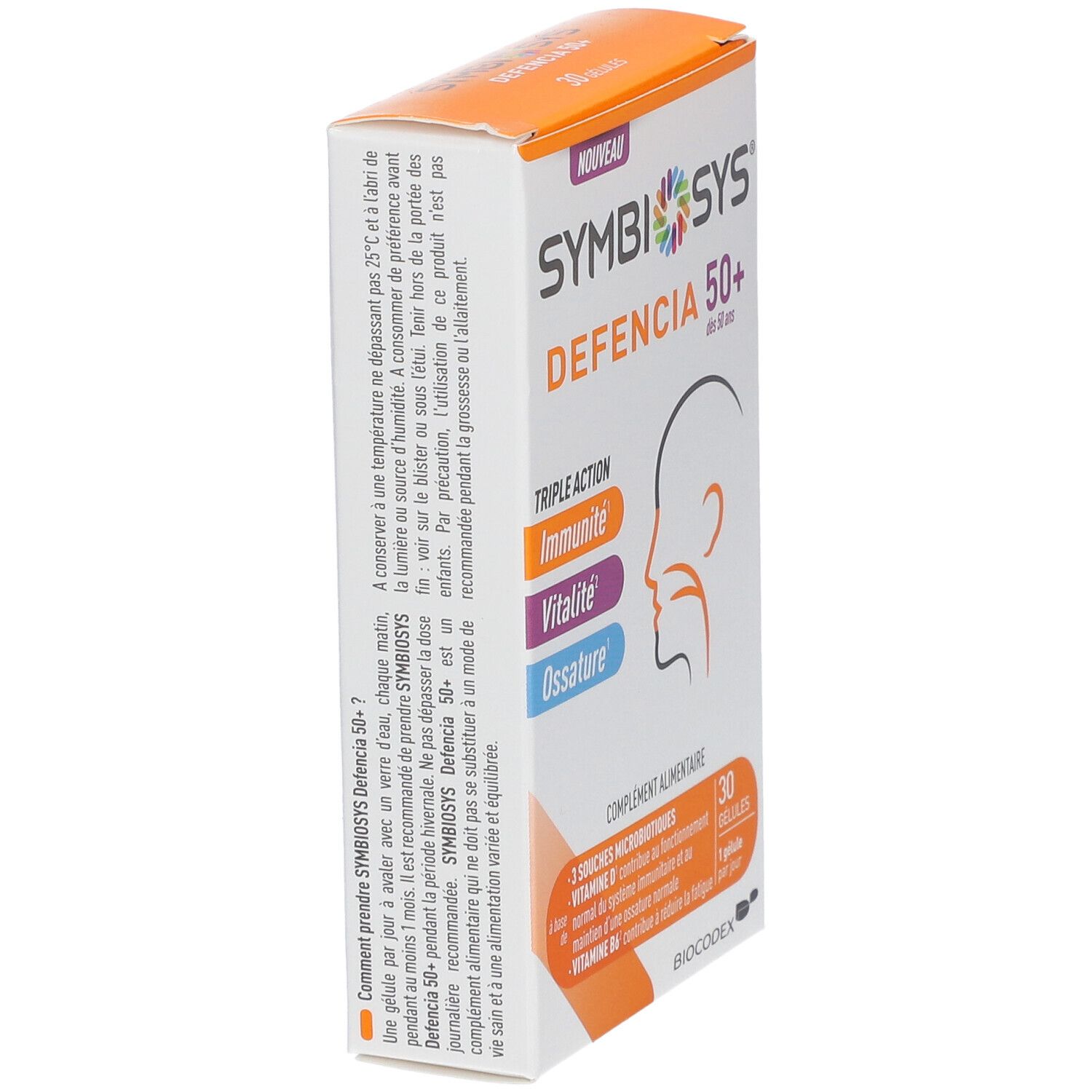 Schachtel SYMBIOSYS Defencia 50+. Dreifache Wirkung. 30 Kapseln. Seitenansicht. BIODECOX.
